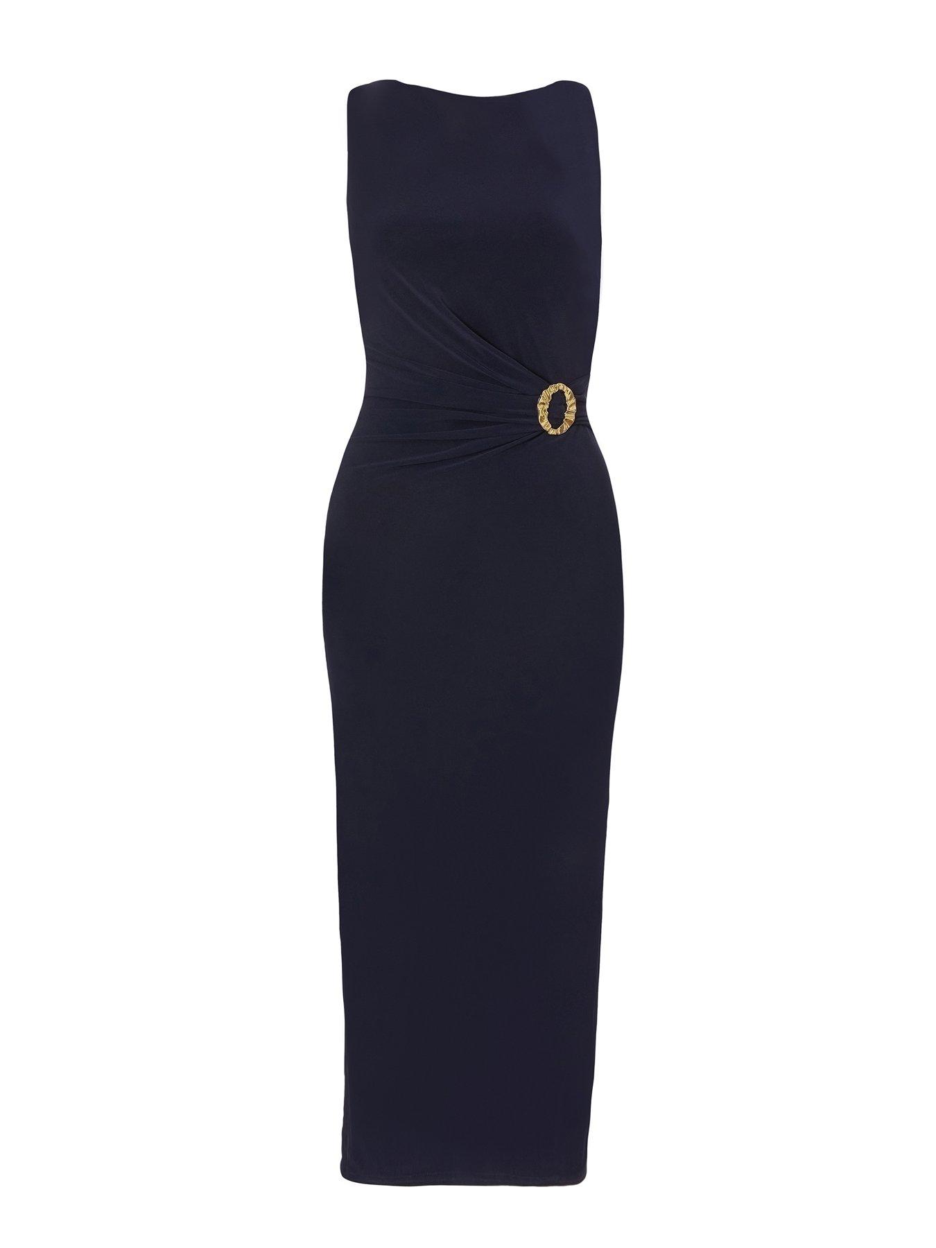  image of quiz-petite-navy-buckle-detail-midi-dress