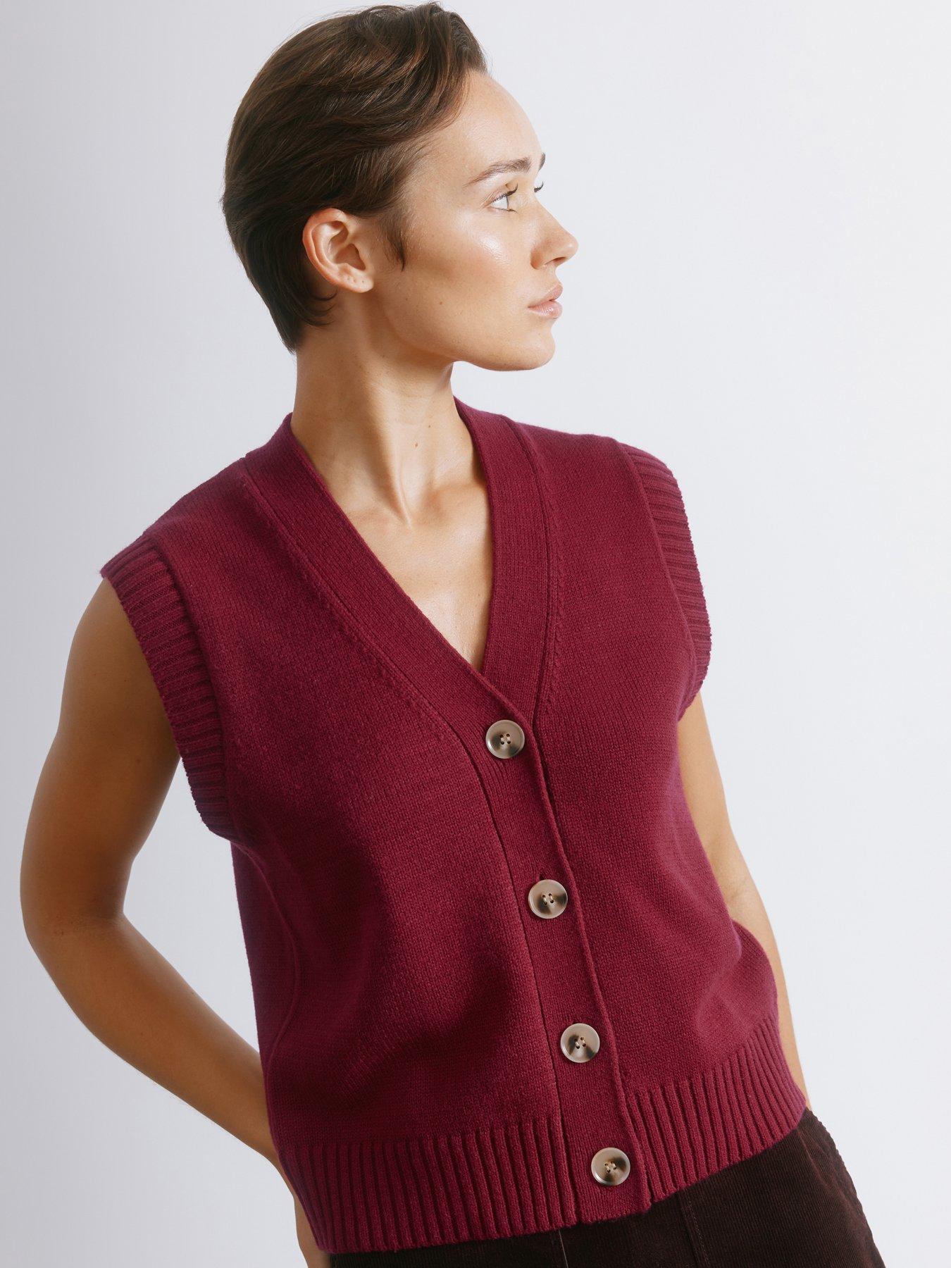 undefined Dark Red V Neck Button Tank