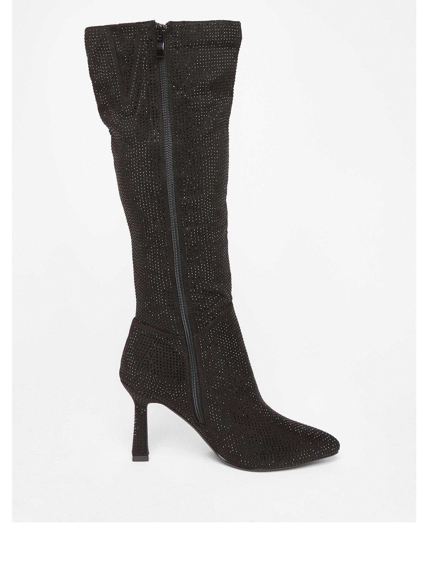 Quiz Black Diamante Knee High Boot