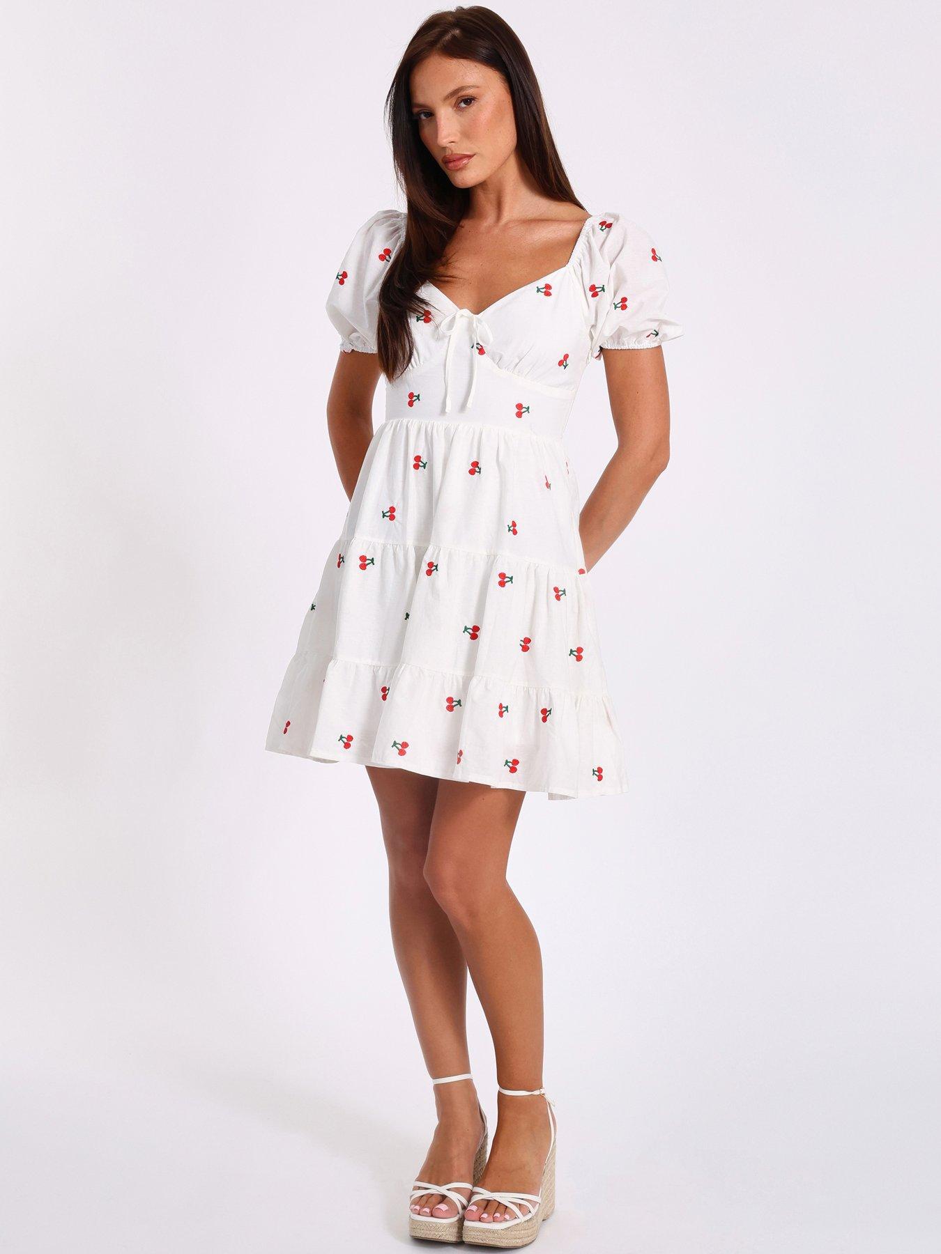 Image 1 of 6 of Quiz White Cherry Print Skater Dress