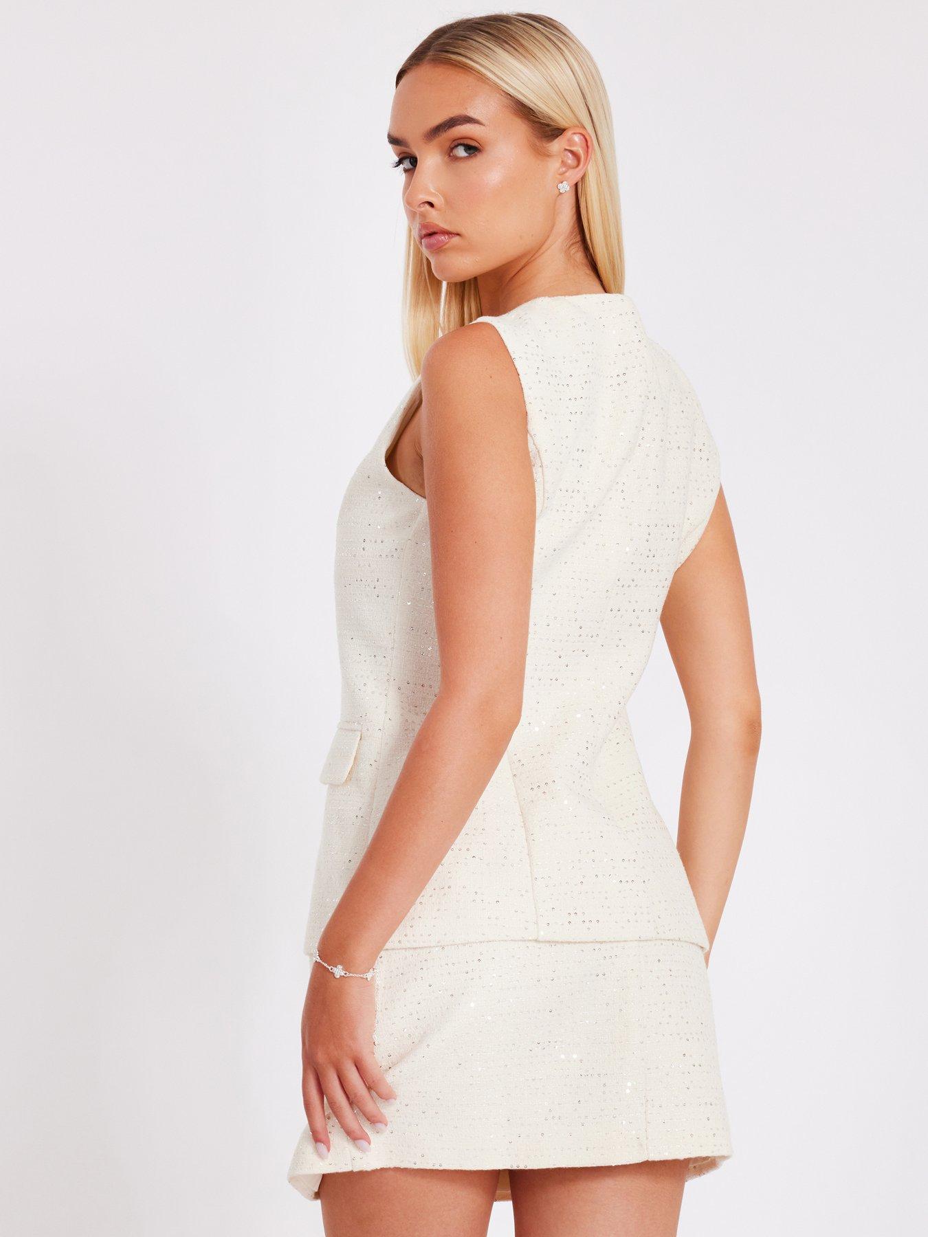 Image 2 of 6 of Quiz Cream Boucle Sequin Mini Skirt