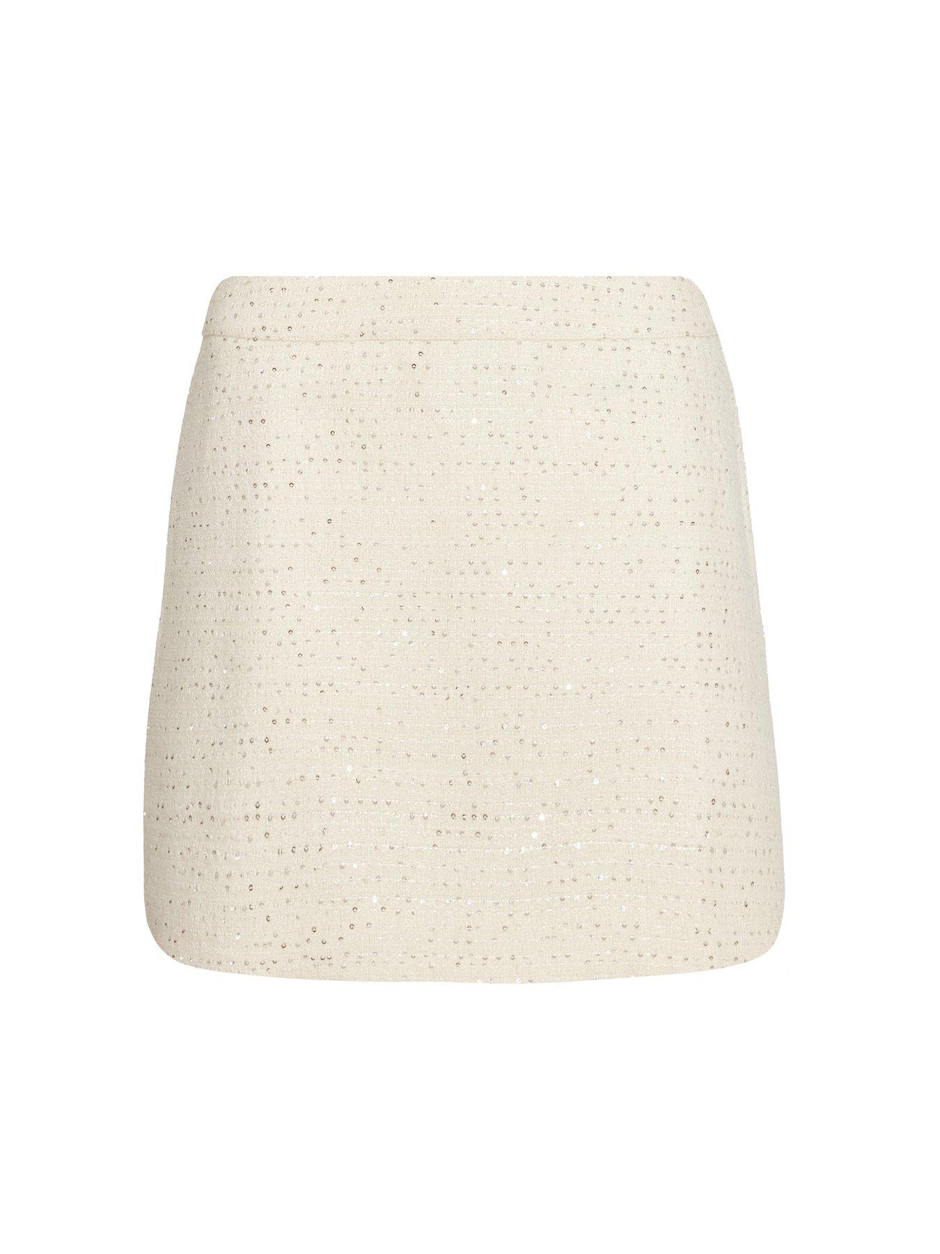 Image 4 of 6 of Quiz Cream Boucle Sequin Mini Skirt