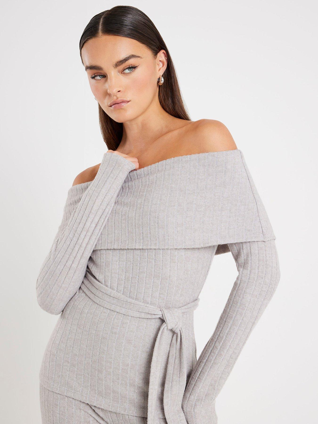 front image of river-island-long-sleeve-bardot-lounge-set-grey