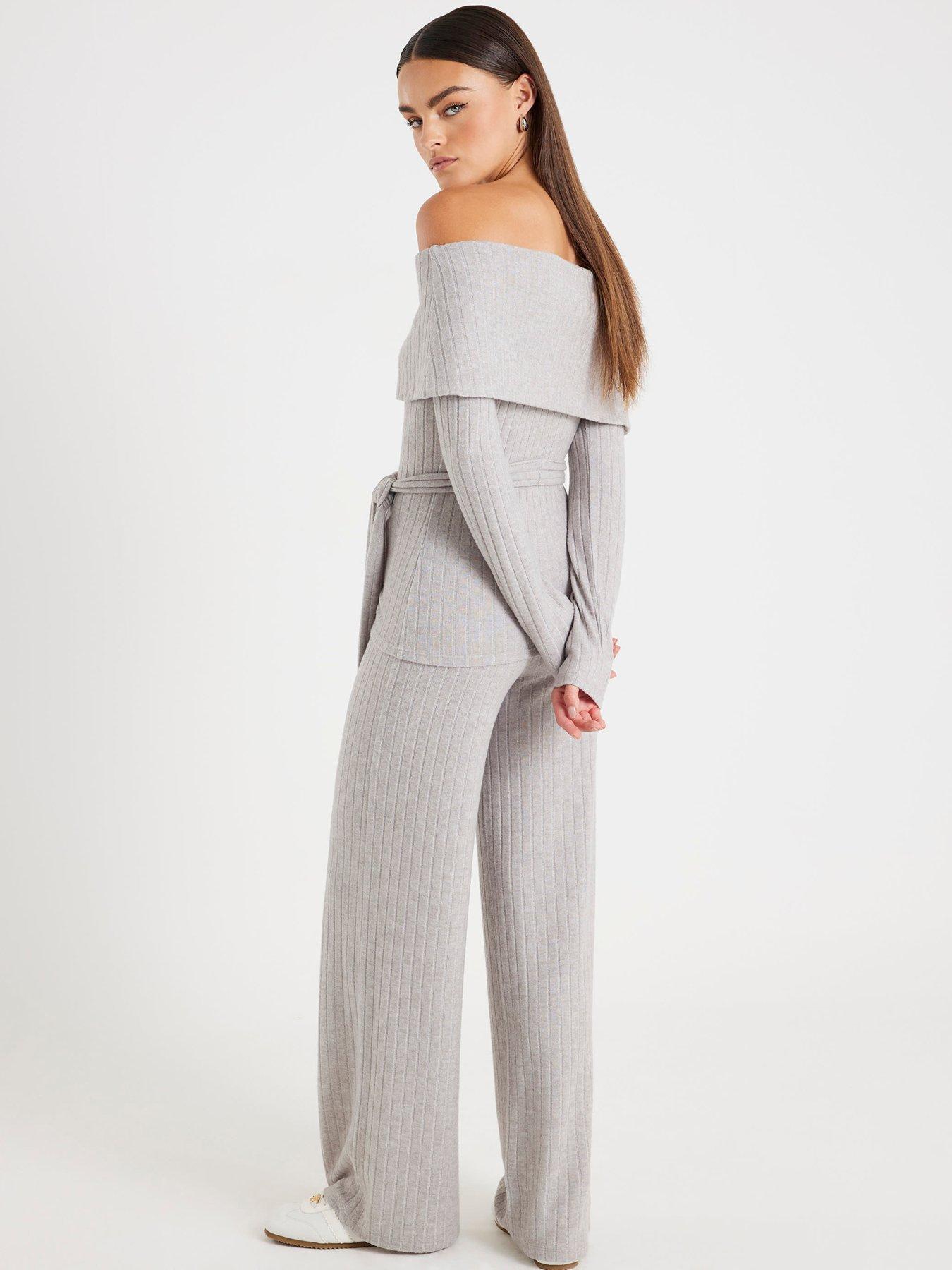  image of river-island-long-sleeve-bardot-lounge-set-grey
