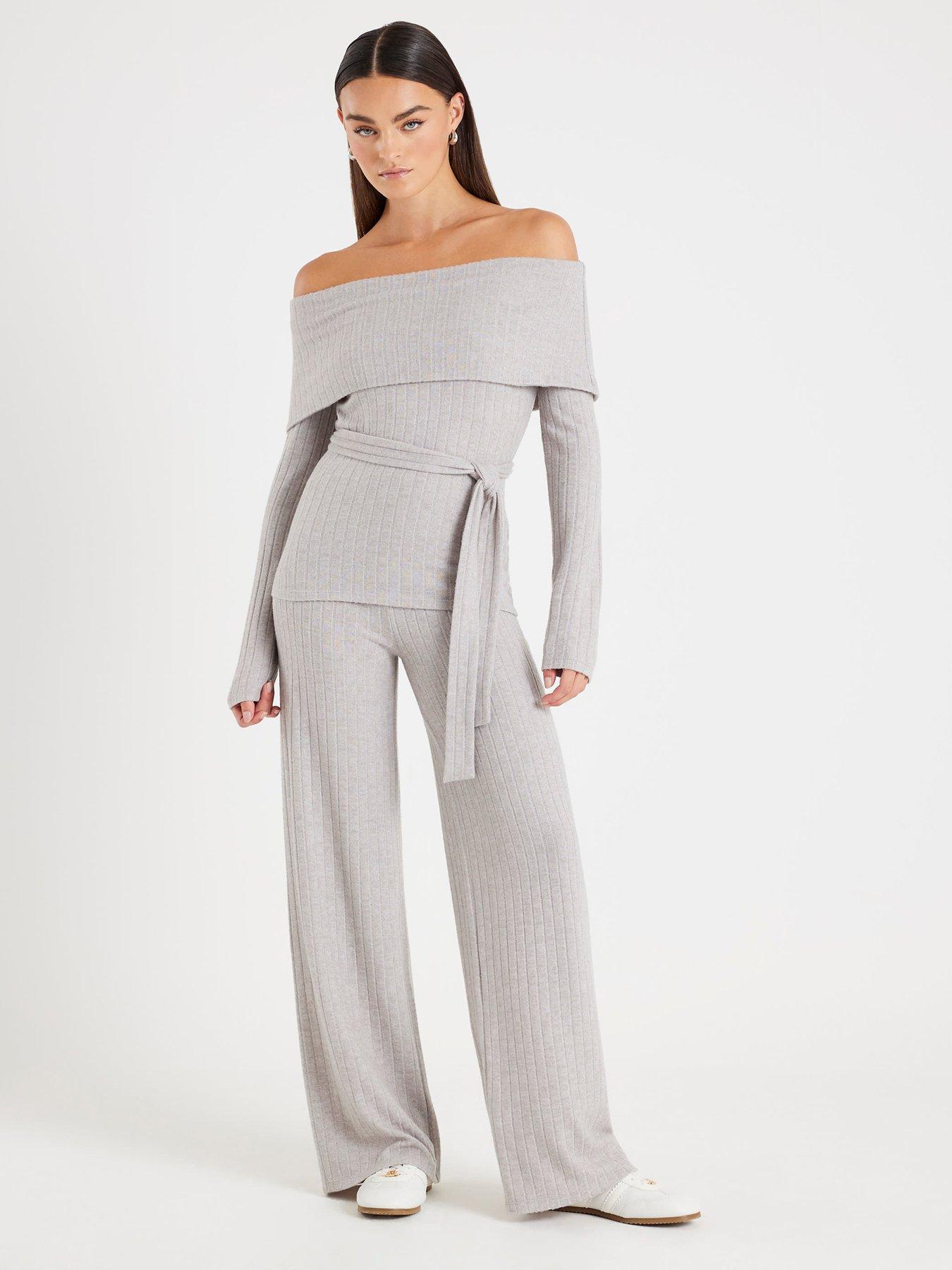  image of river-island-long-sleeve-bardot-lounge-set-grey