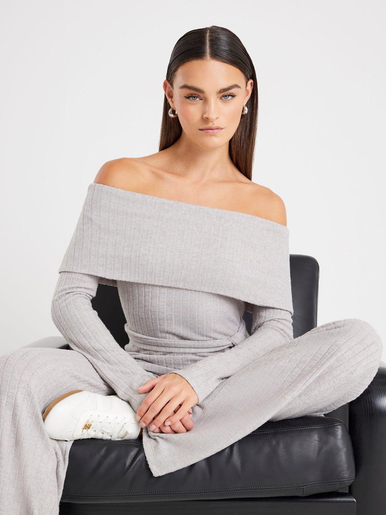 image of river-island-long-sleeve-bardot-lounge-set-grey