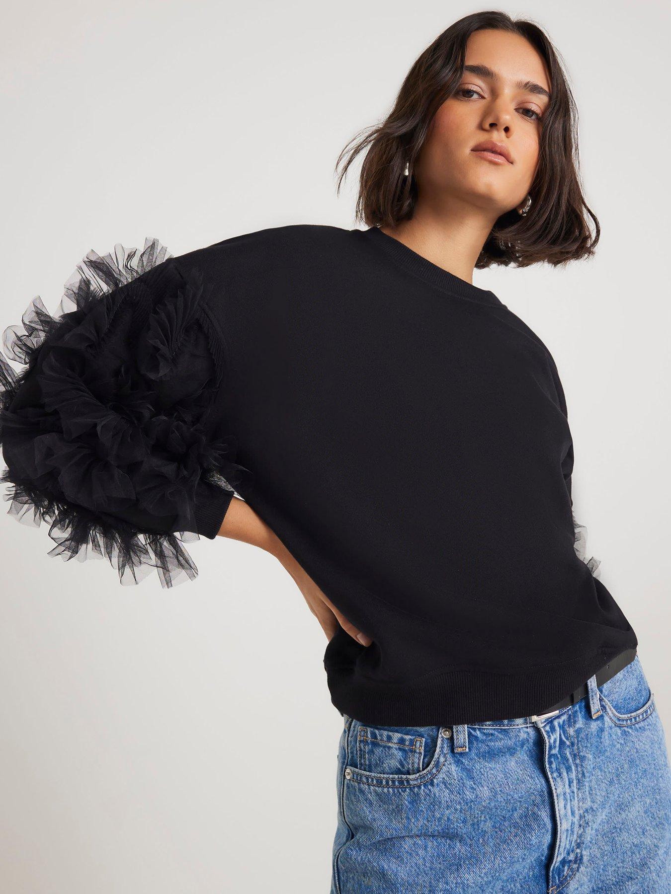  image of river-island-long-sleeve-ruffle-sleeve-sweatshirt-black
