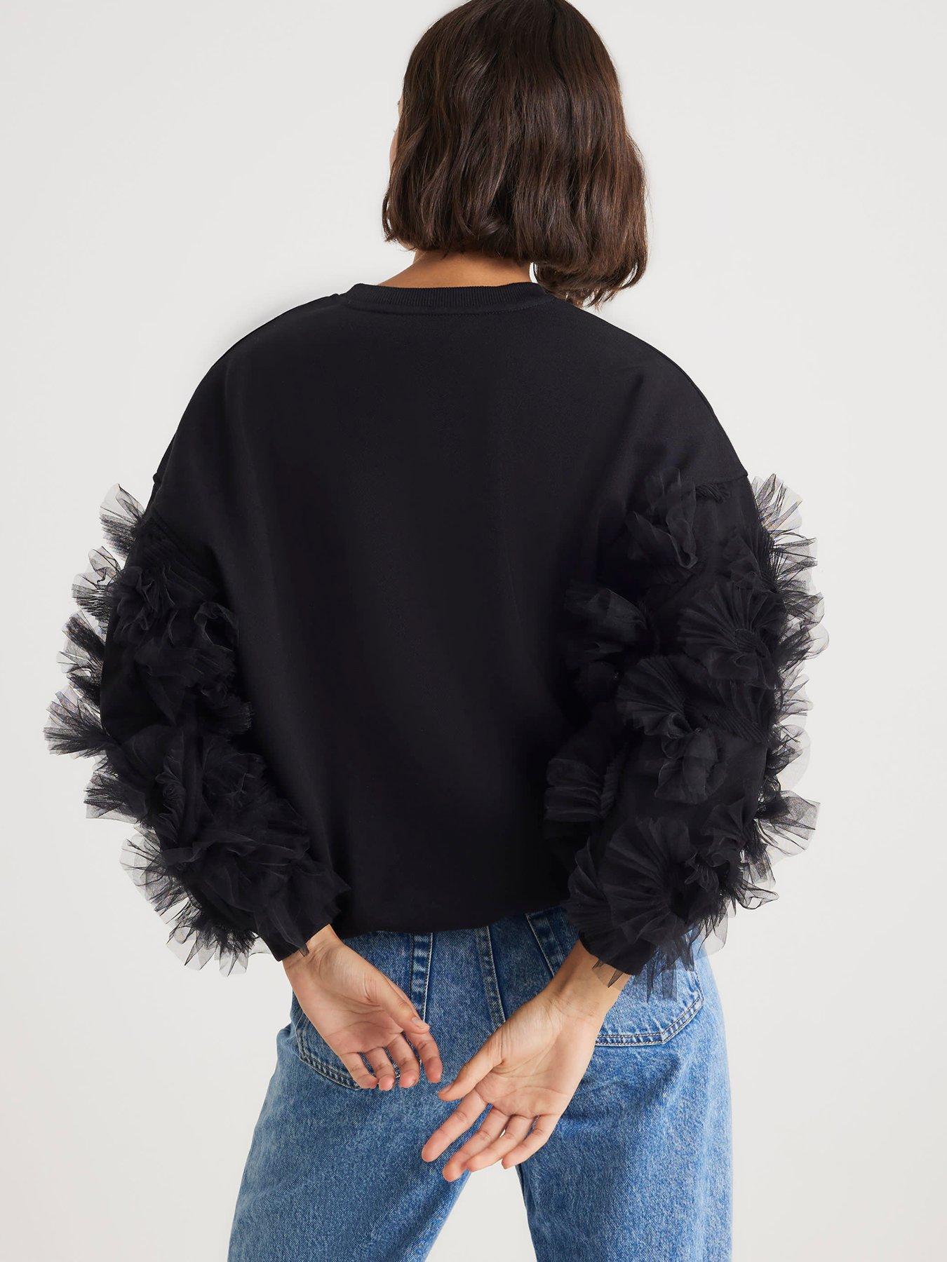  image of river-island-long-sleeve-ruffle-sleeve-sweatshirt-black