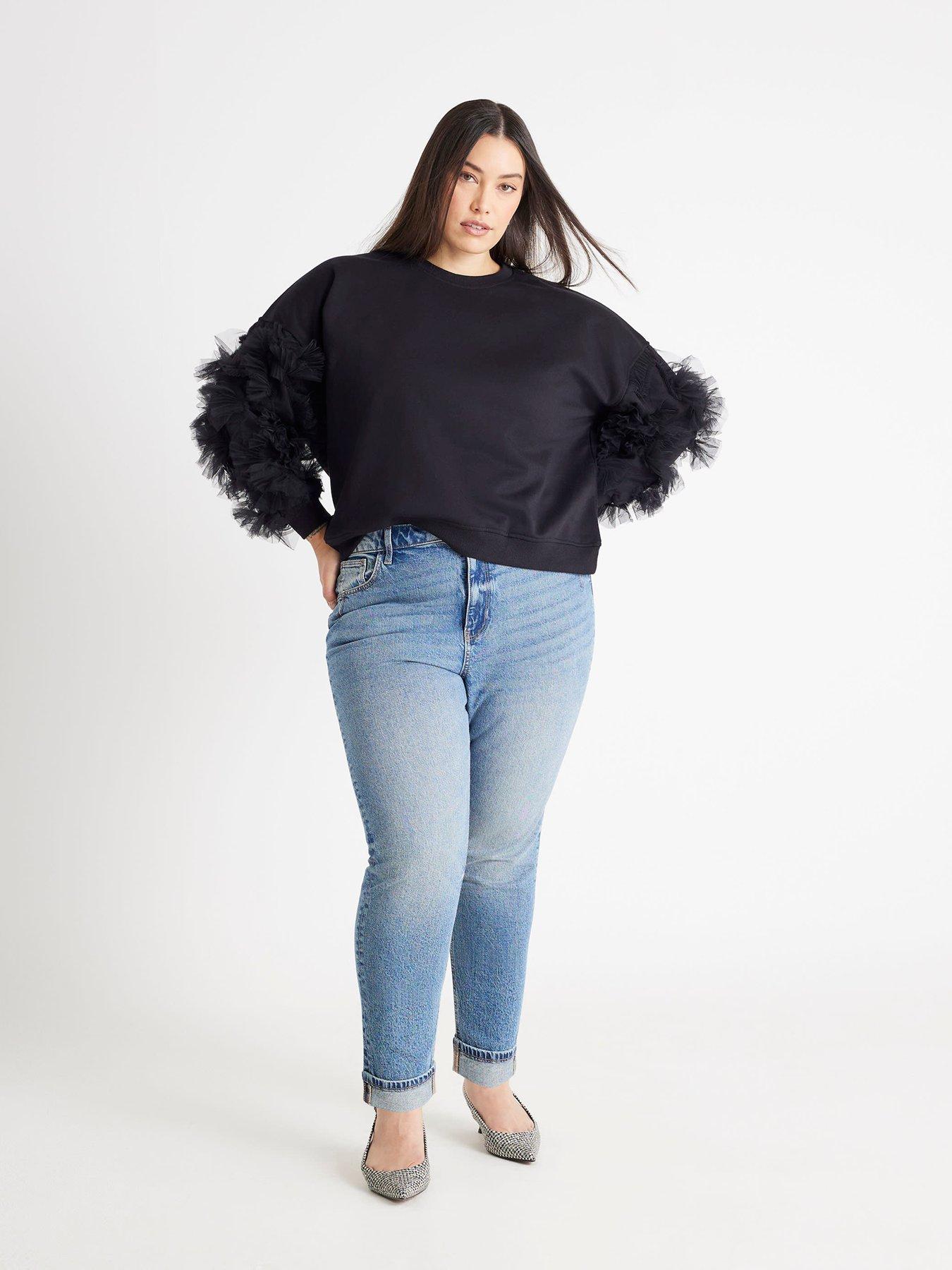  image of river-island-long-sleeve-ruffle-sleeve-sweatshirt-black