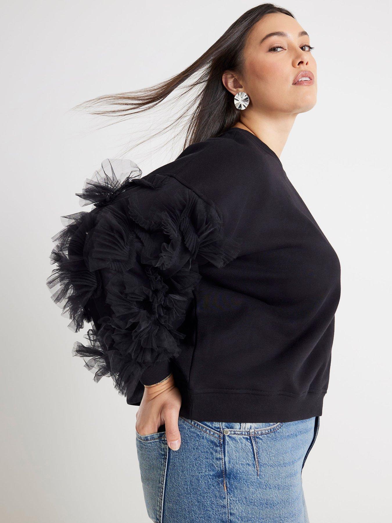  image of river-island-long-sleeve-ruffle-sleeve-sweatshirt-black