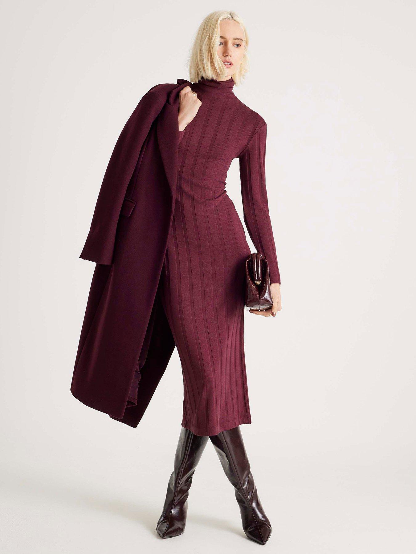 River Island Long Sleeve Cosy Wide Rib Midi Dress - Red