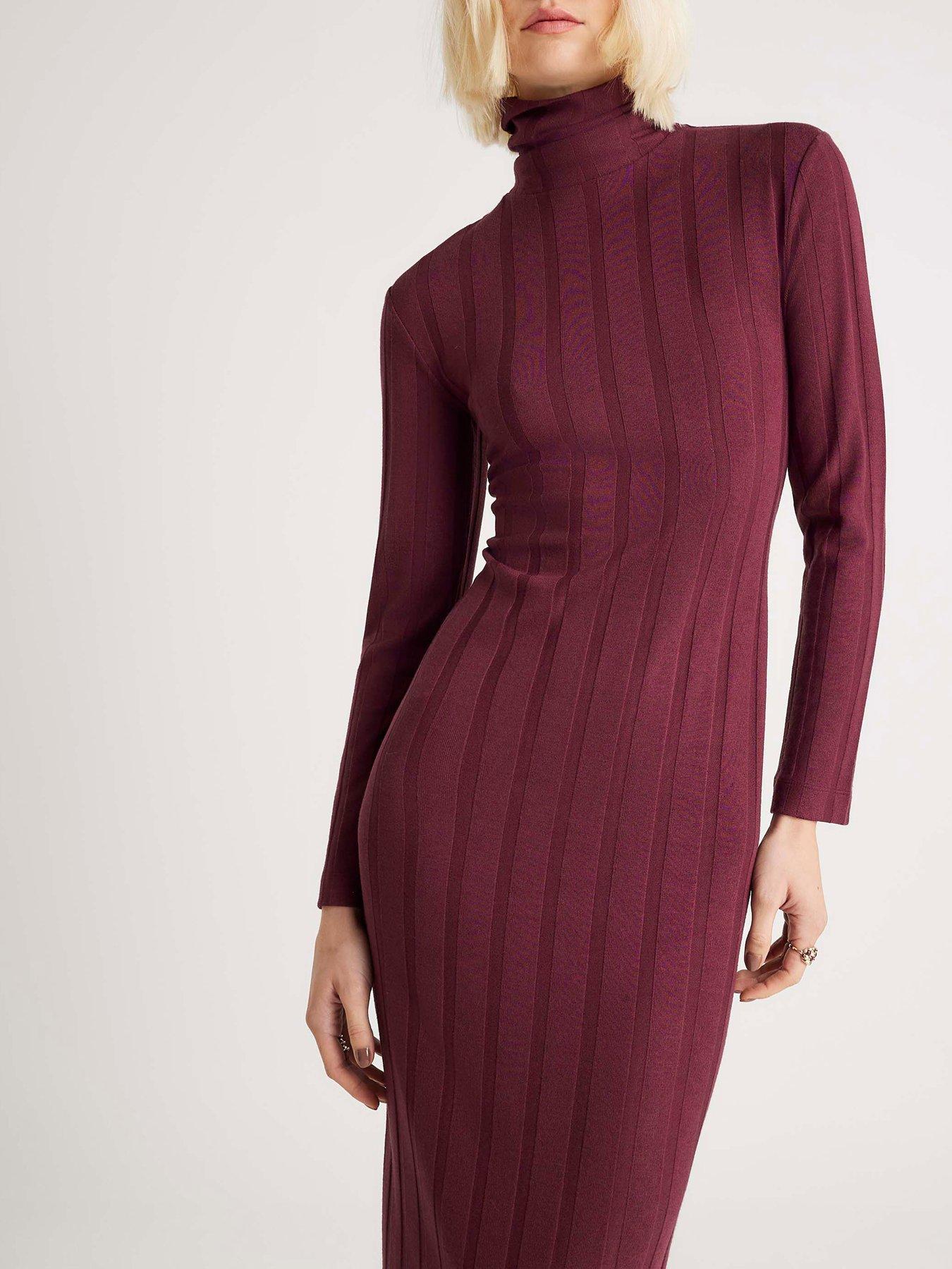  image of river-island-long-sleeve-cosy-wide-rib-midi-dress-red