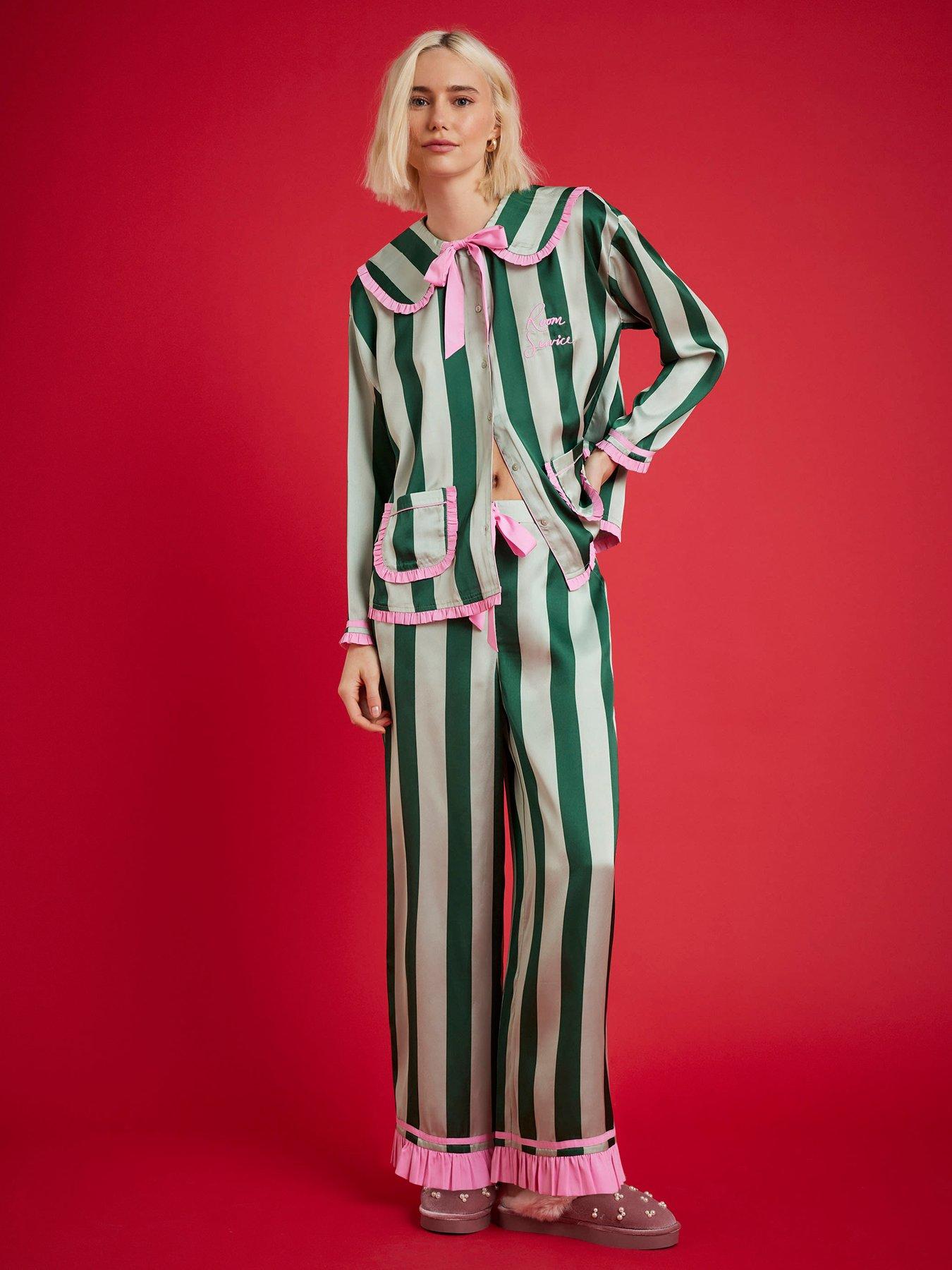  image of river-island-nephthys-long-sleeve-satin-striped-pyjama-set-green