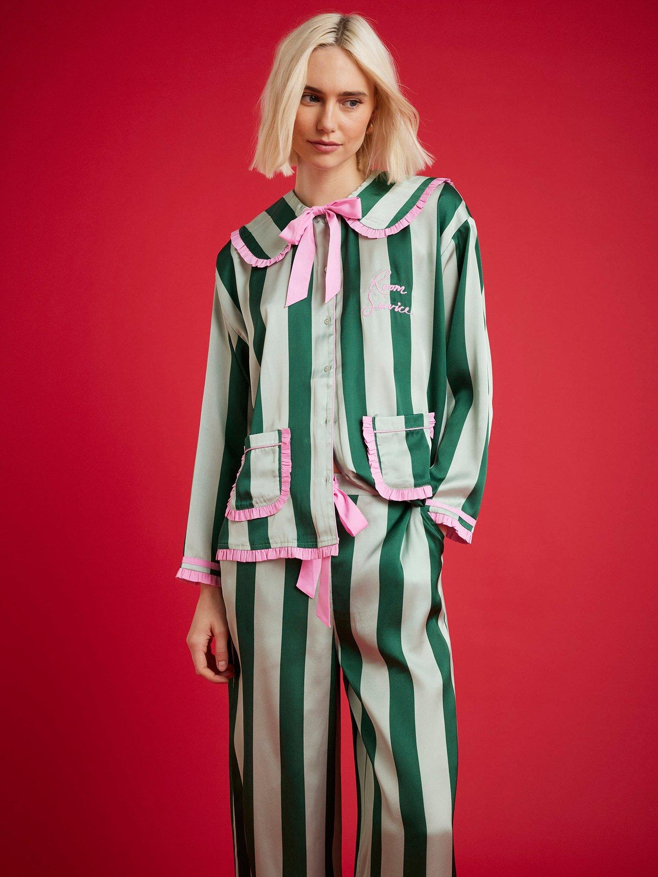  image of river-island-nephthys-long-sleeve-satin-striped-pyjama-set-green