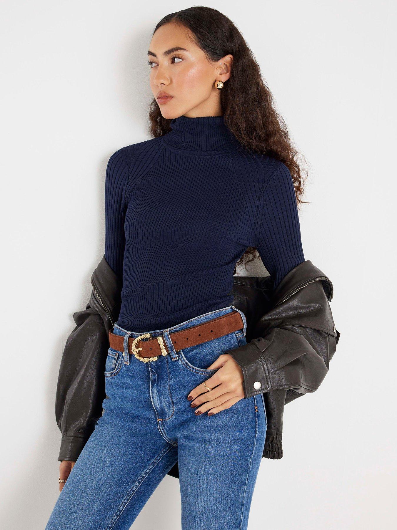 River Island Mix Rib Roll Neck Top - Navy