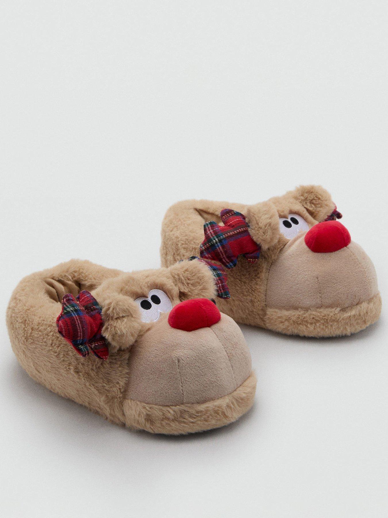  image of mango-girls-reindeer-novelty-christmas-slippers-brown