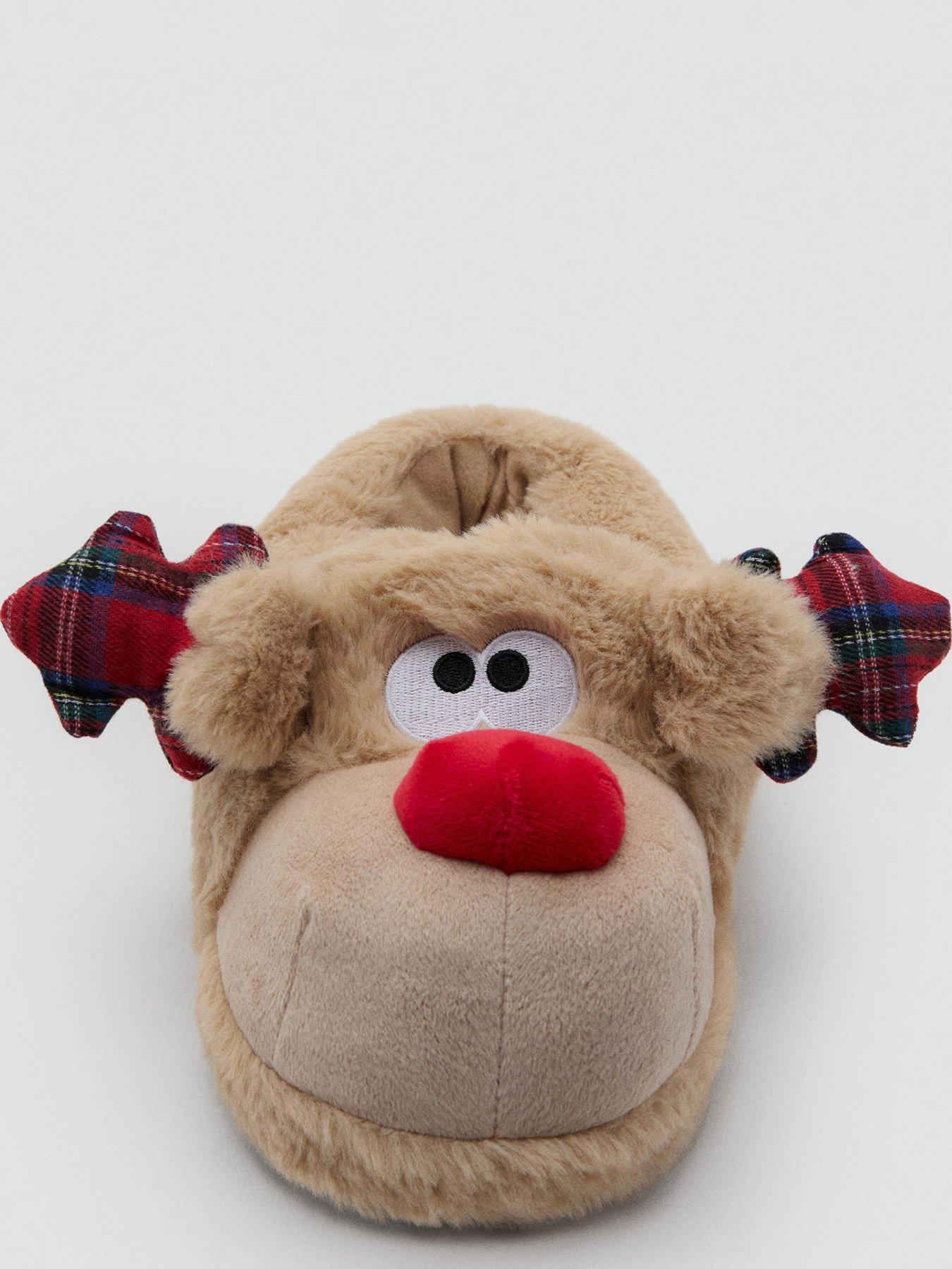  image of mango-girls-reindeer-novelty-christmas-slippers-brown