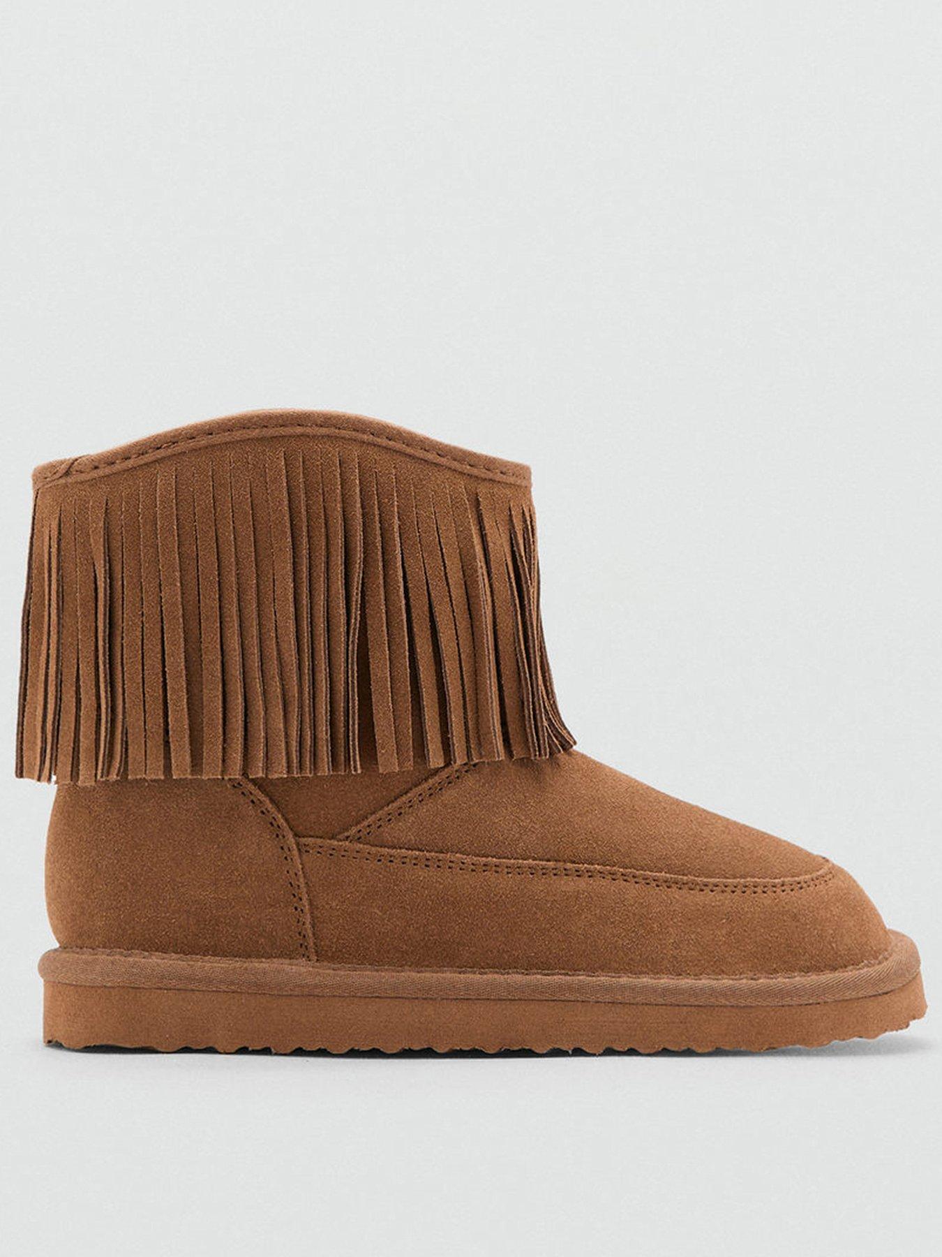 Mango Girls Fringe Suede Leather Boots - Brown