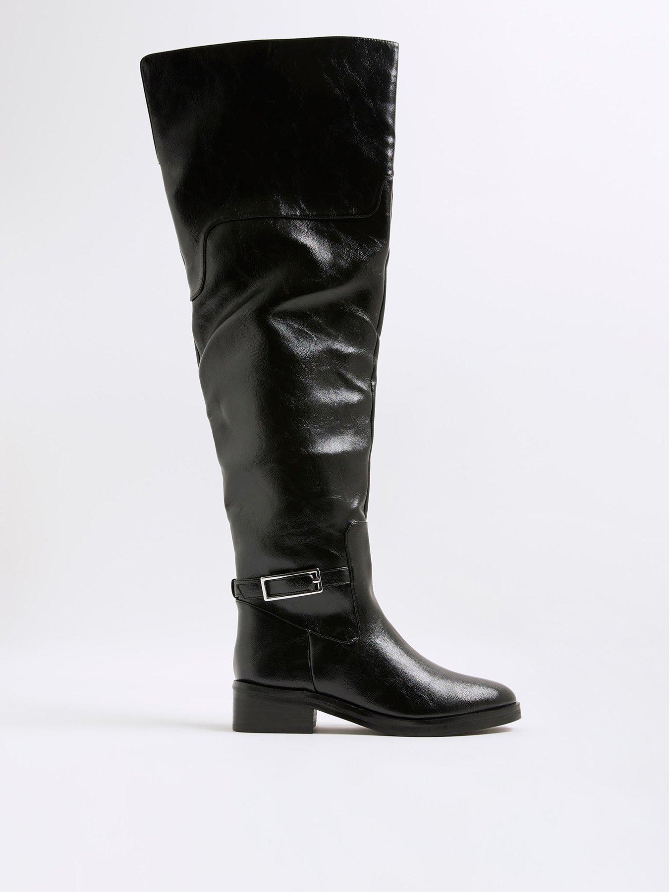 Image 2 of 6 of River Island Thigh High Buckle Boot - Black