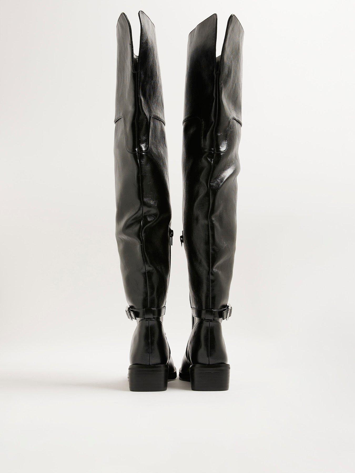 Image 4 of 6 of River Island Thigh High Buckle Boot - Black