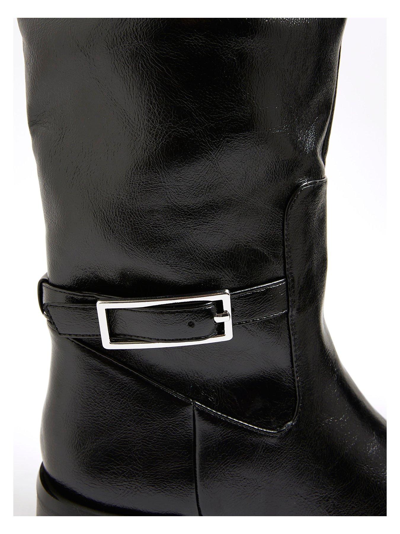 Image 6 of 6 of River Island Thigh High Buckle Boot - Black