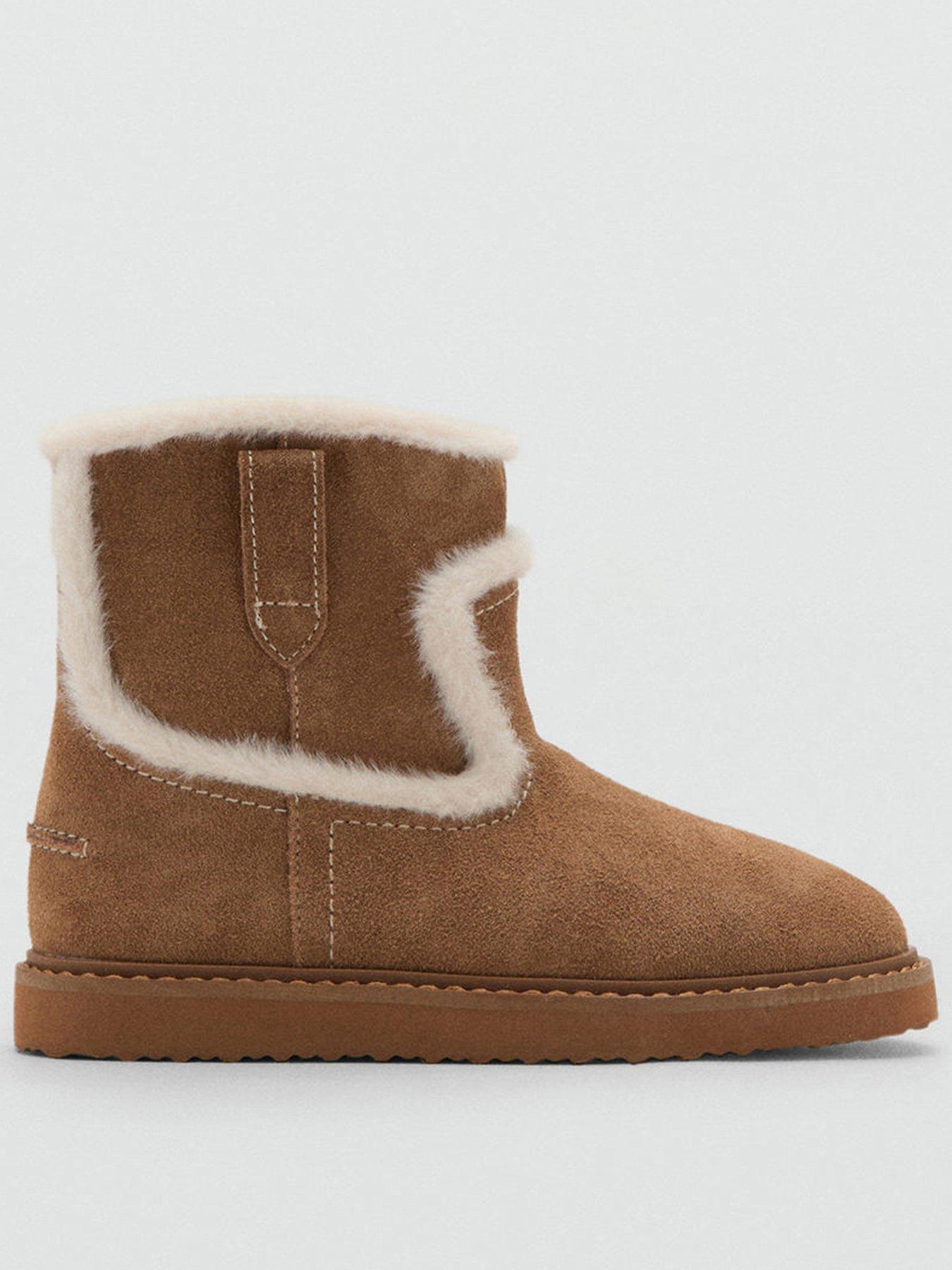 Mango Girls Faux Fur Trim Leather Boots - Brown
