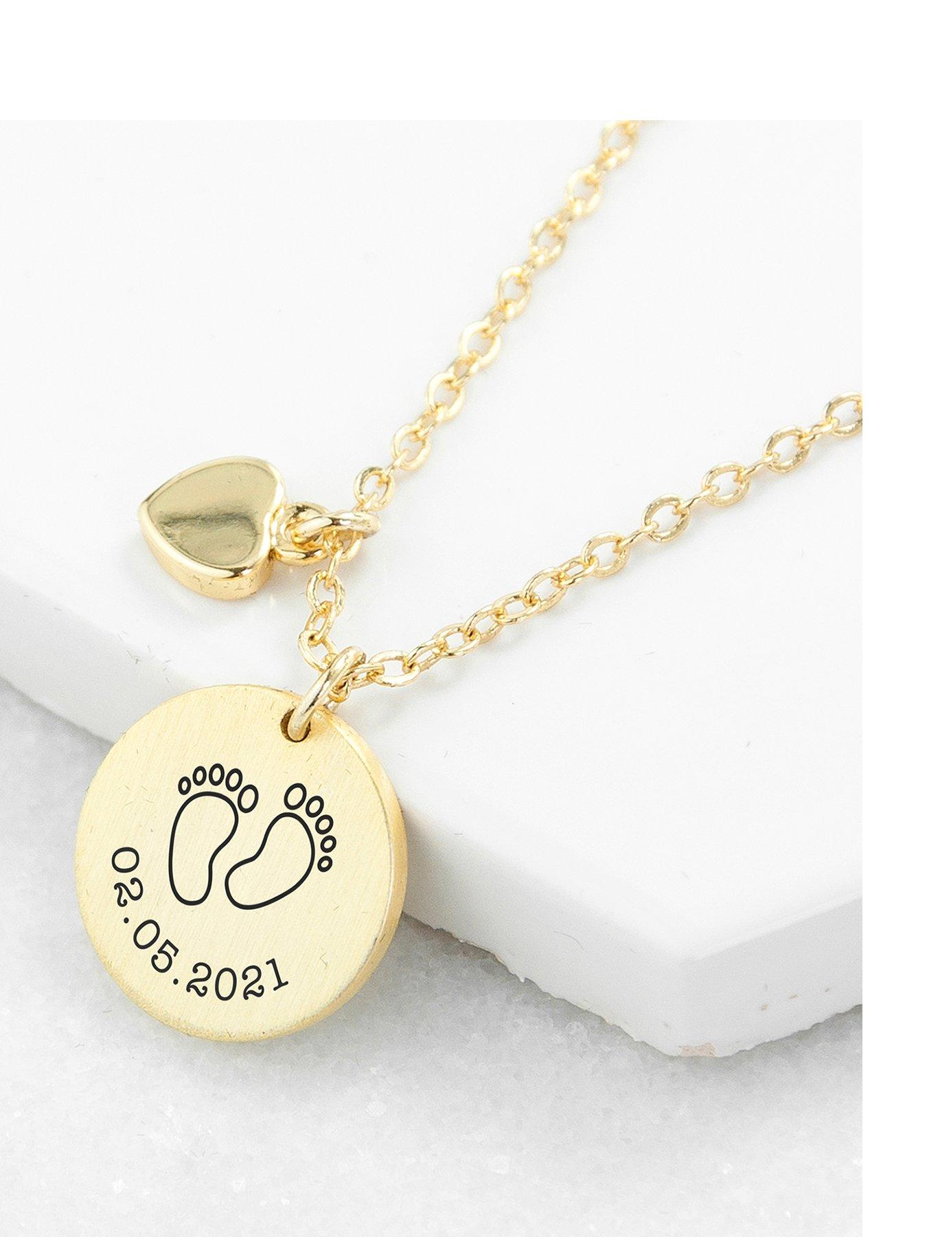 undefined Personalised Baby Feet Matte Heart and Disc Necklace in Gold