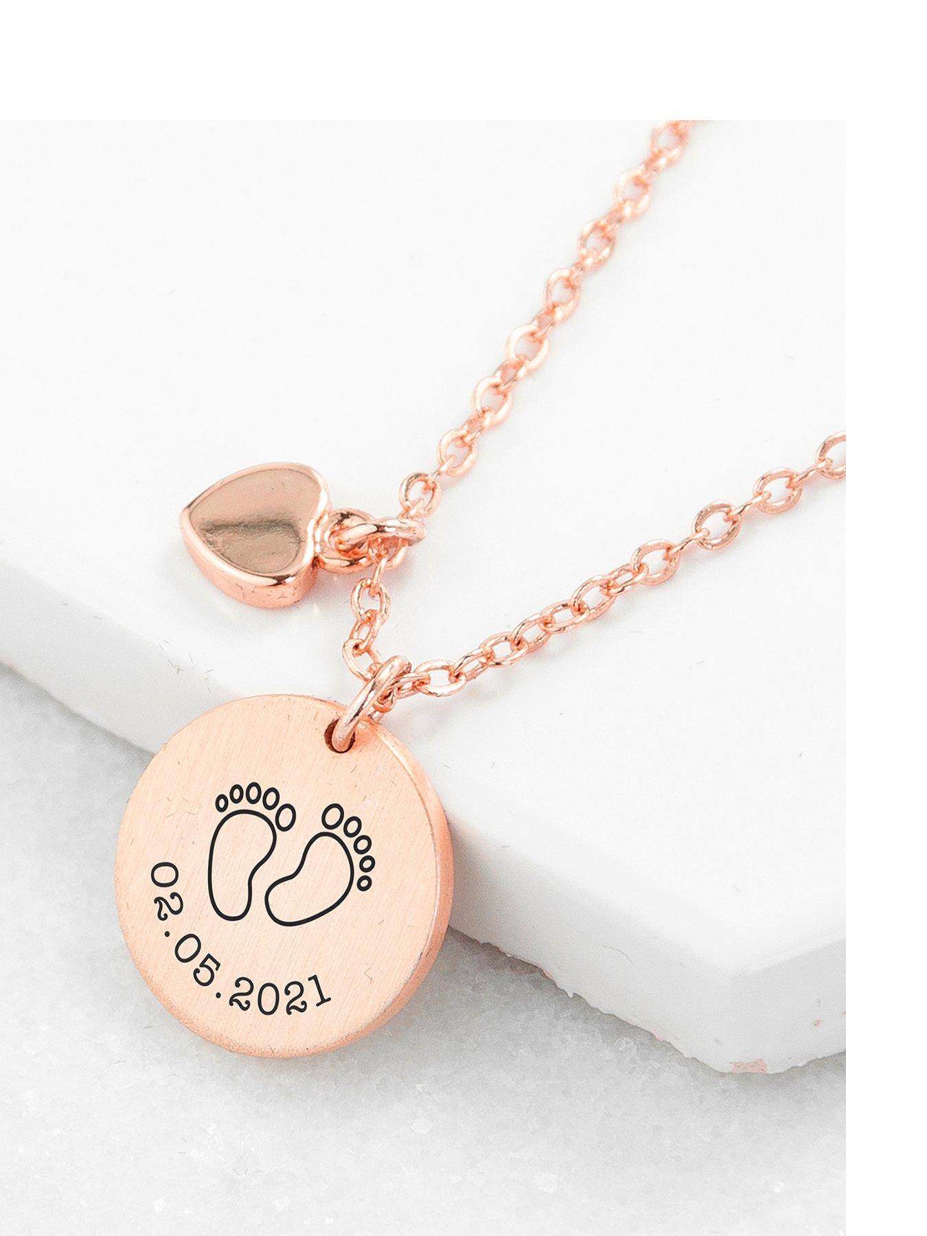 undefined Personalised Baby Feet Matte Heart and Disc Necklace - Rose Gold