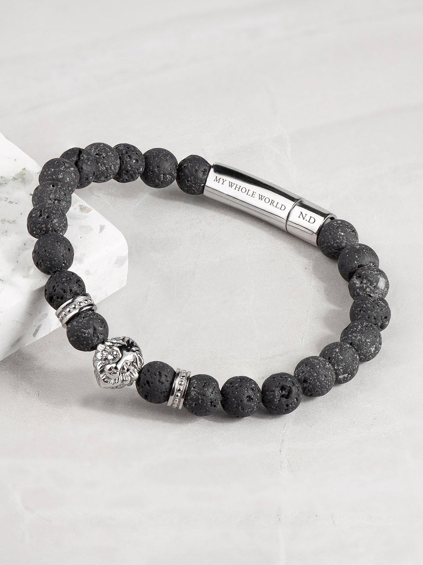 undefined Personalised Men's Silver Plated Lion Black Beaded Bracelet