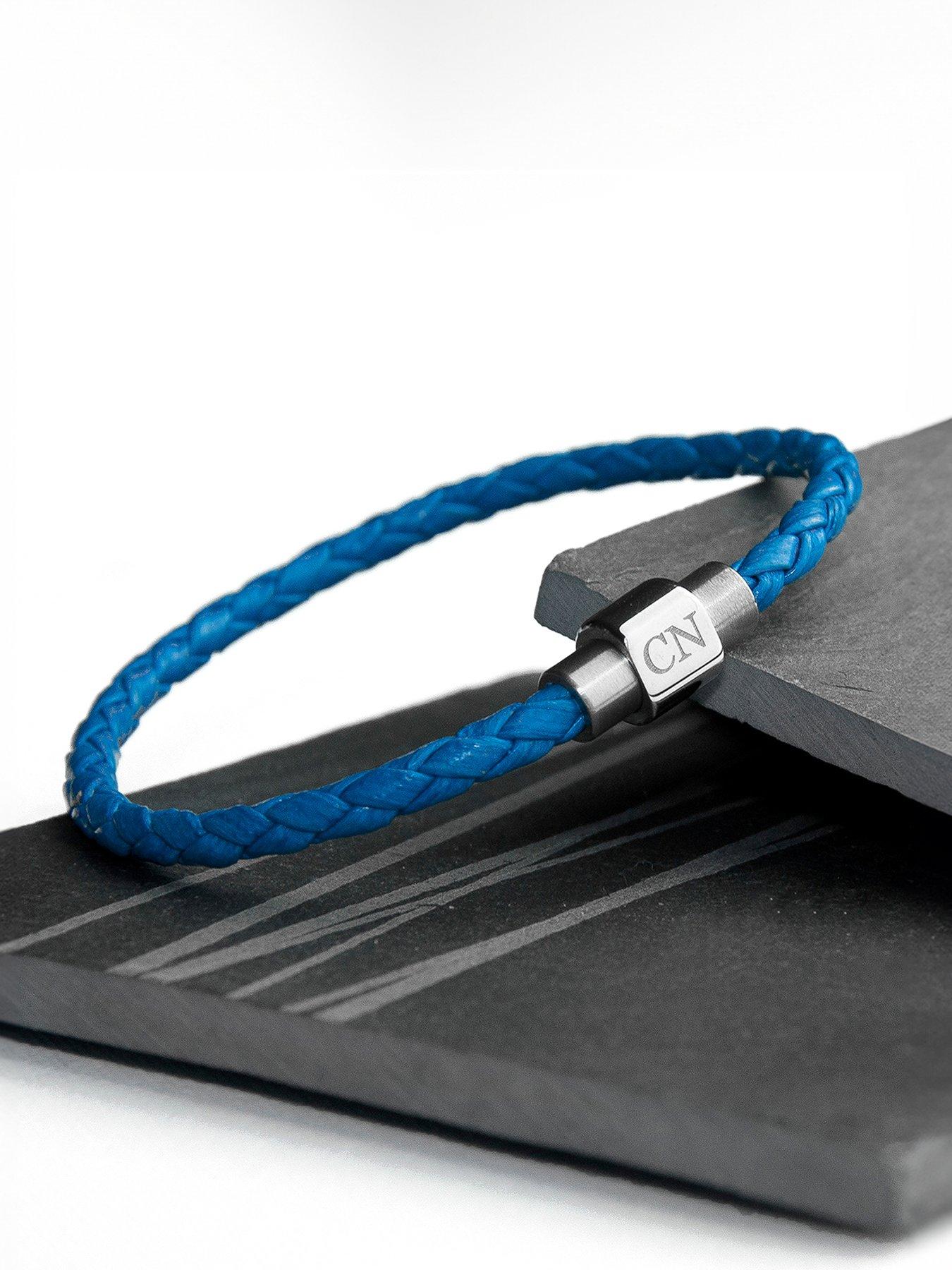 undefined Personalised Men's Woven Leather Bracelet in Cobalt Blue