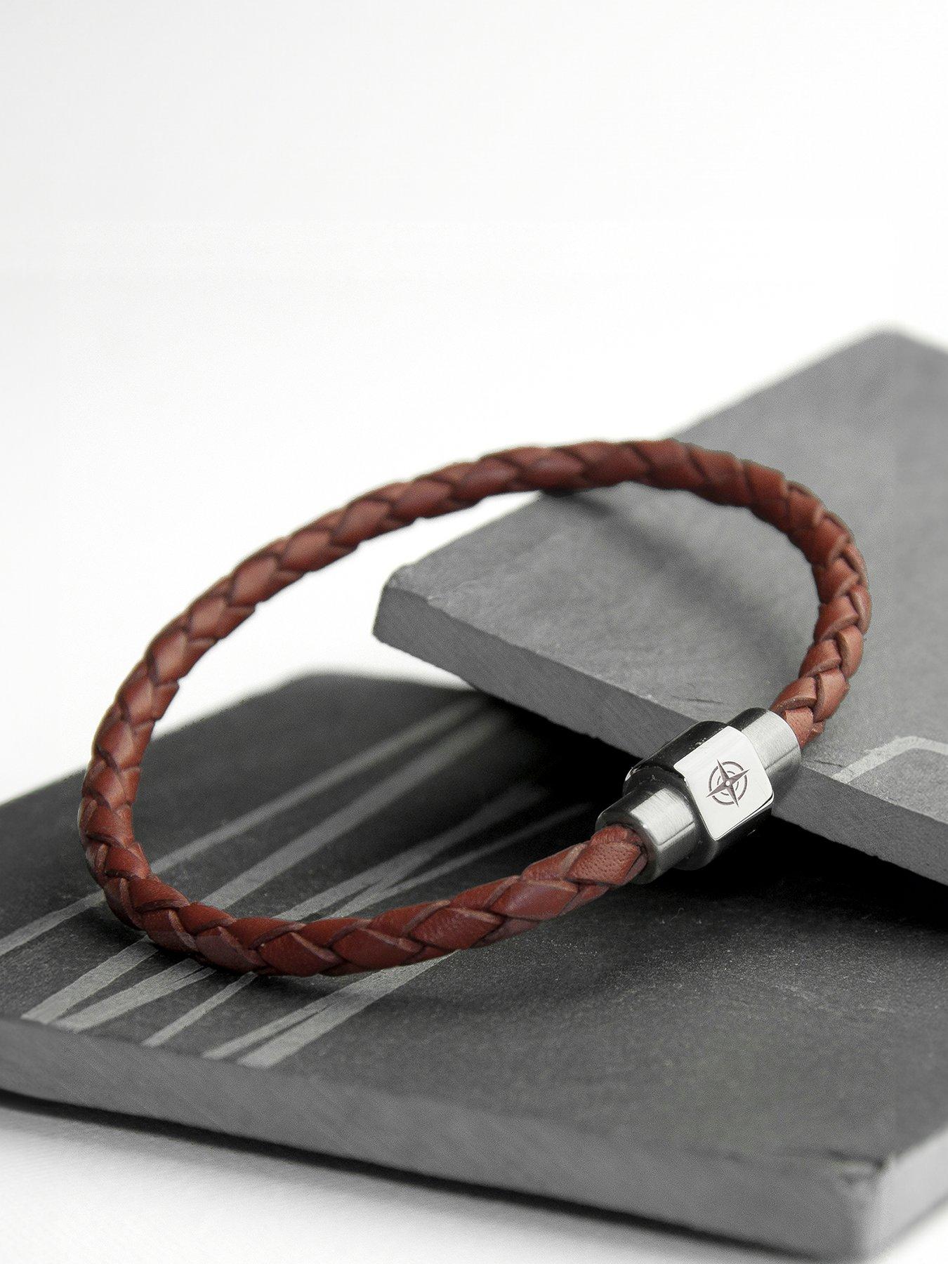 undefined Personalised Men's Travel Compass Woven Leather Bracelet in Burnt Sienna
