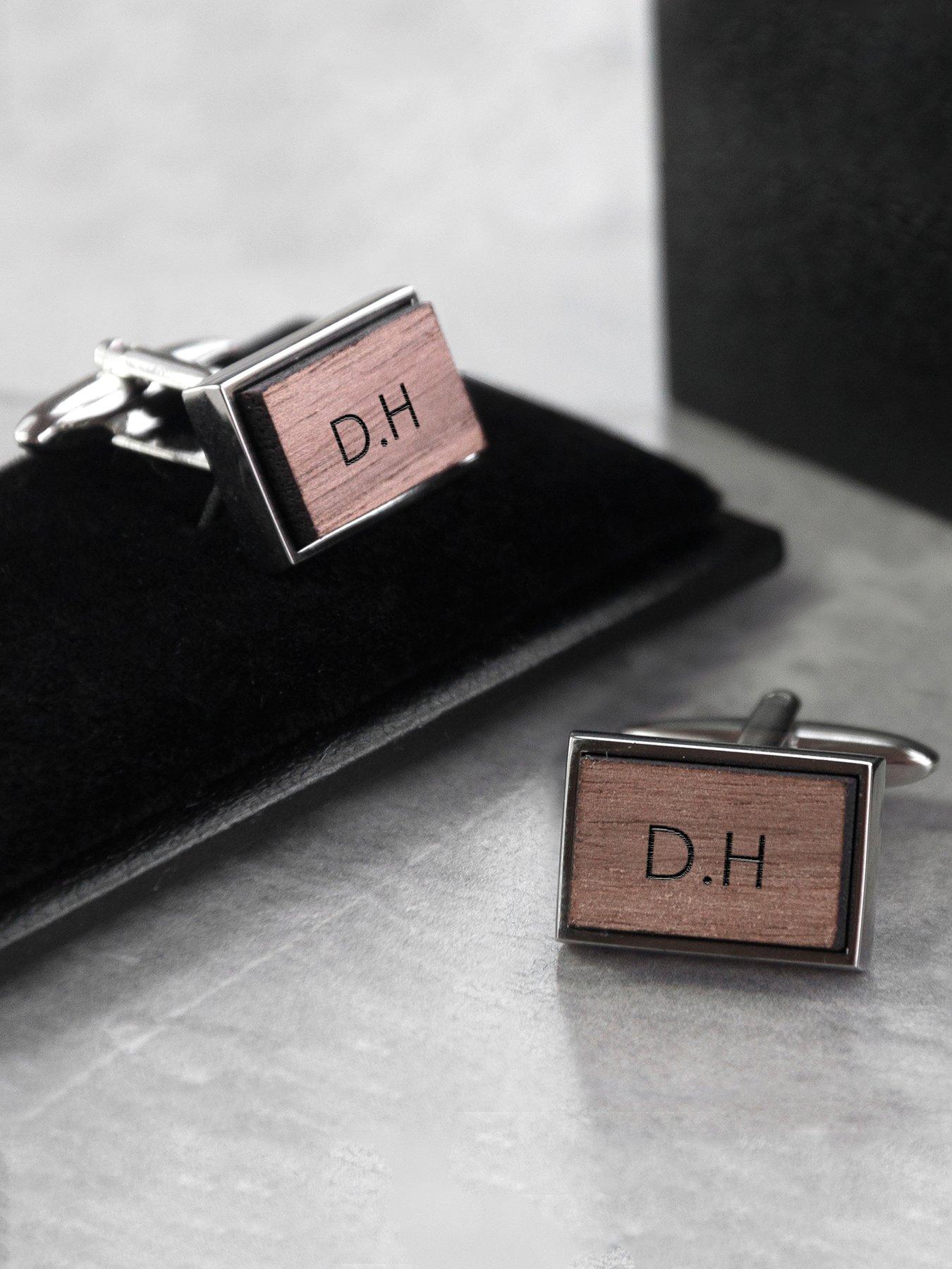 Image 3 of 3 of Treat Republic Monogrammed Rectangle Walnut Cufflinks