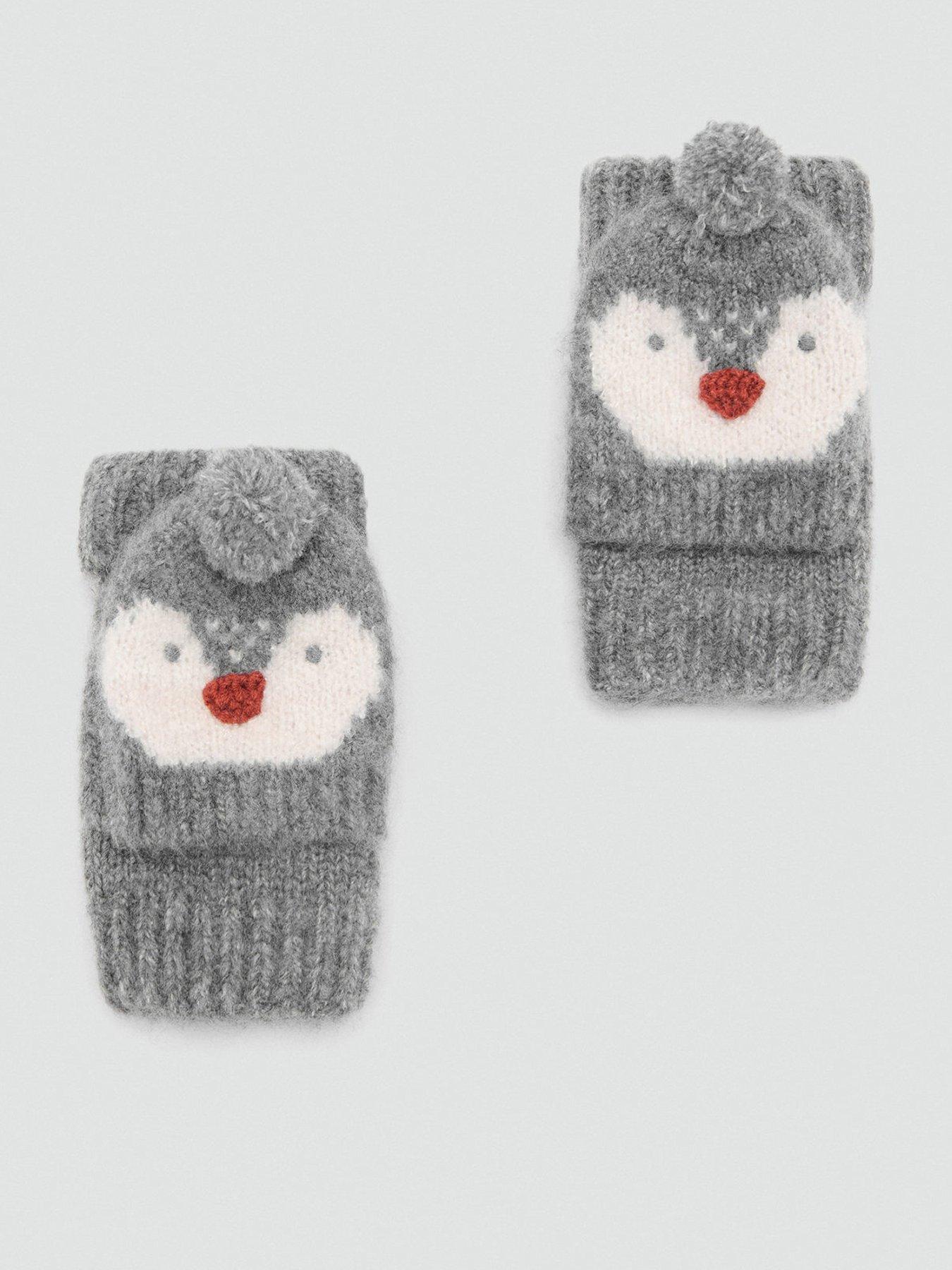 Mango Younger Boys Penguin Knitted Co-Ord Mittens - Grey