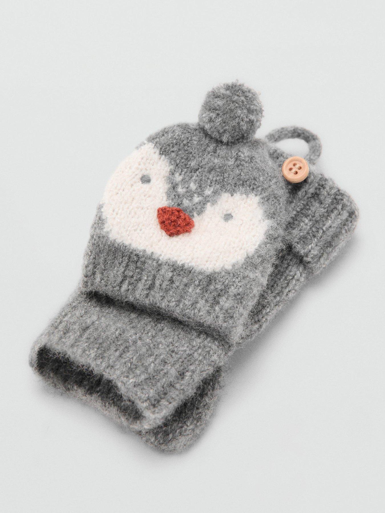  image of mango-younger-boys-penguin-knitted-co-ord-mittens-grey