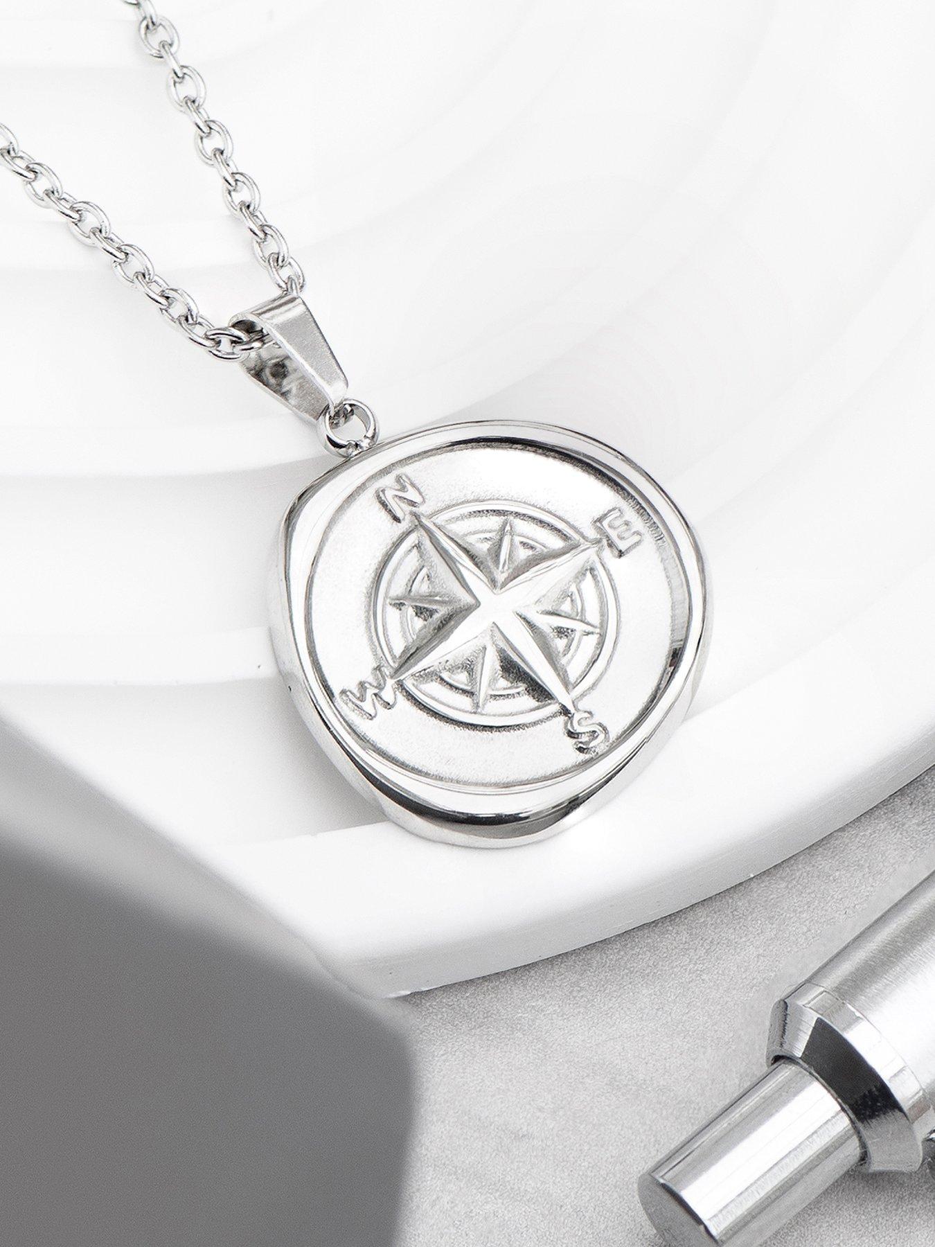 undefined Personalised Men's Compass Amulet Necklace in Silver