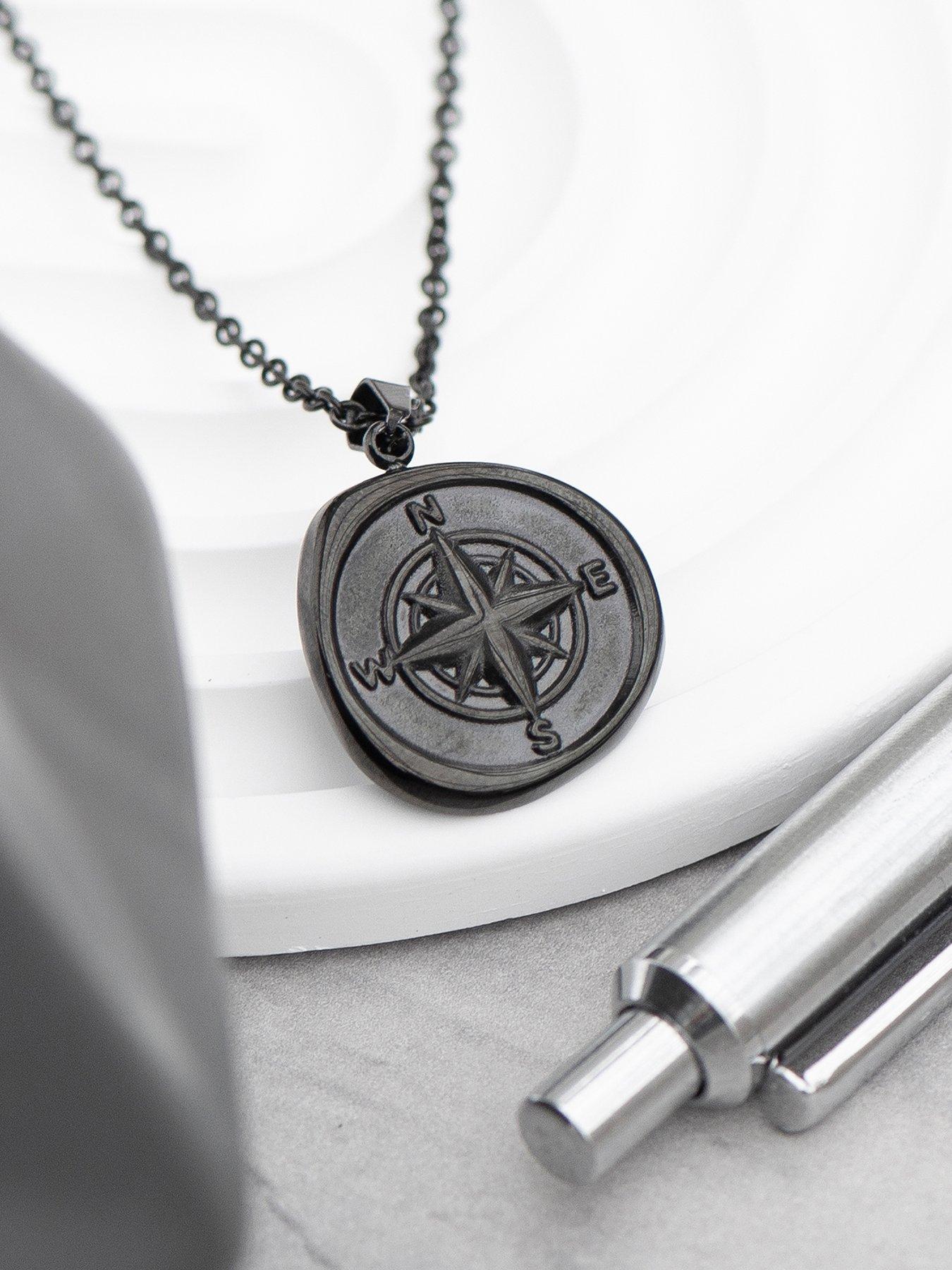 undefined Personalised Men's Compass Amulet Necklace in Gunmetal