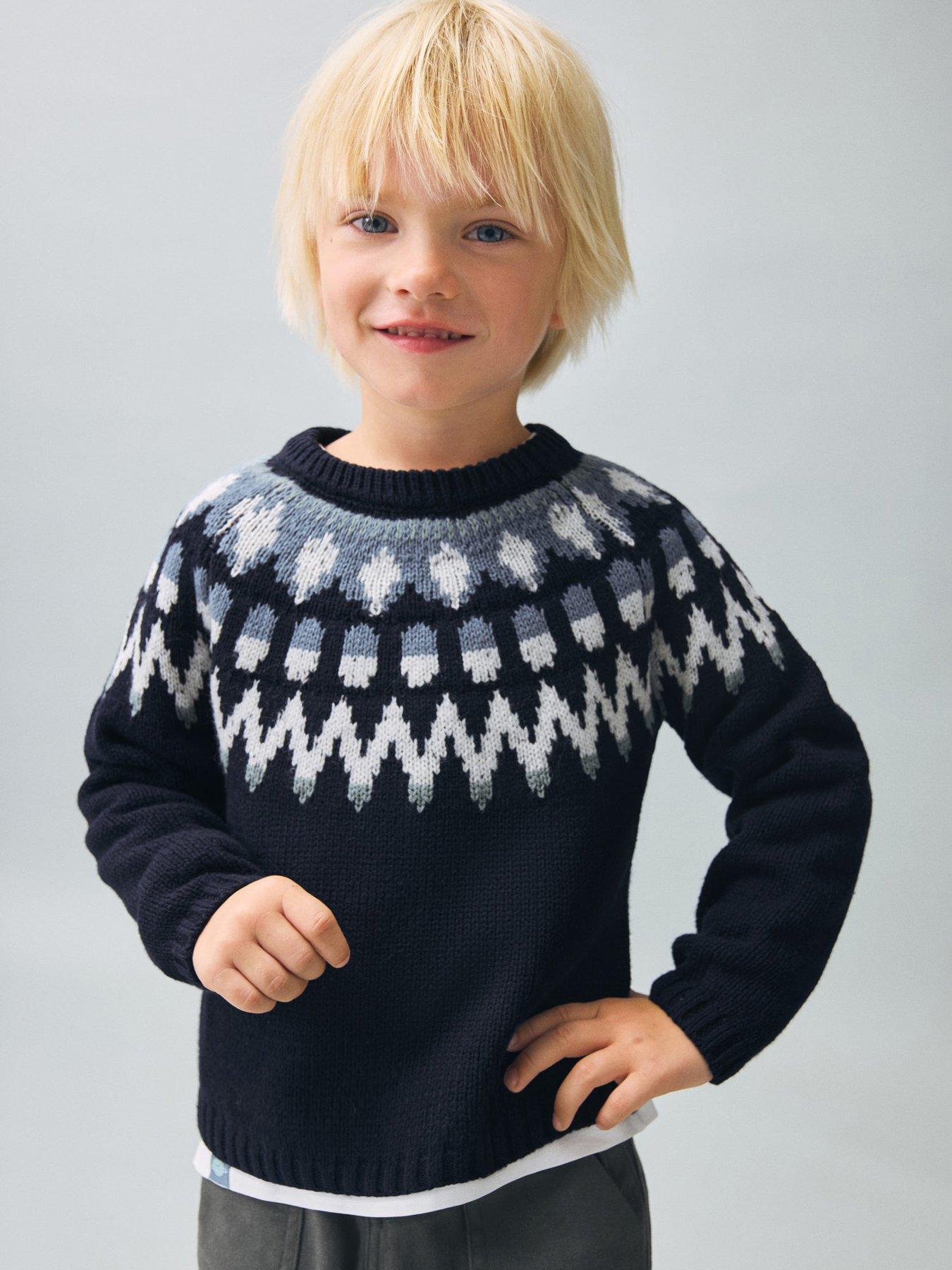 front image of mango-younger-boys-fairisle-knitted-jumper-navy