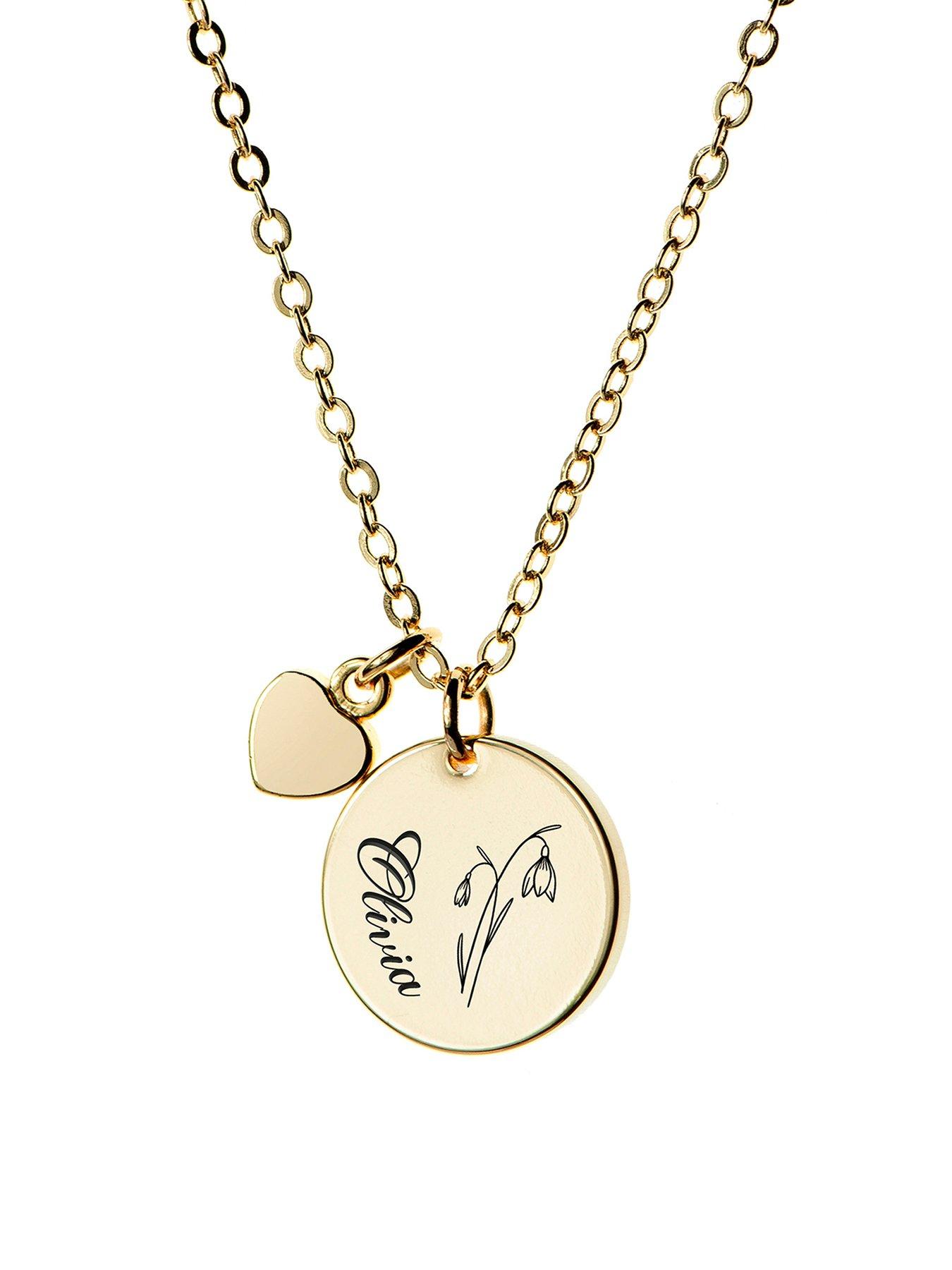 undefined Personalised Birth Flower Heart and Disc Necklace in Gold