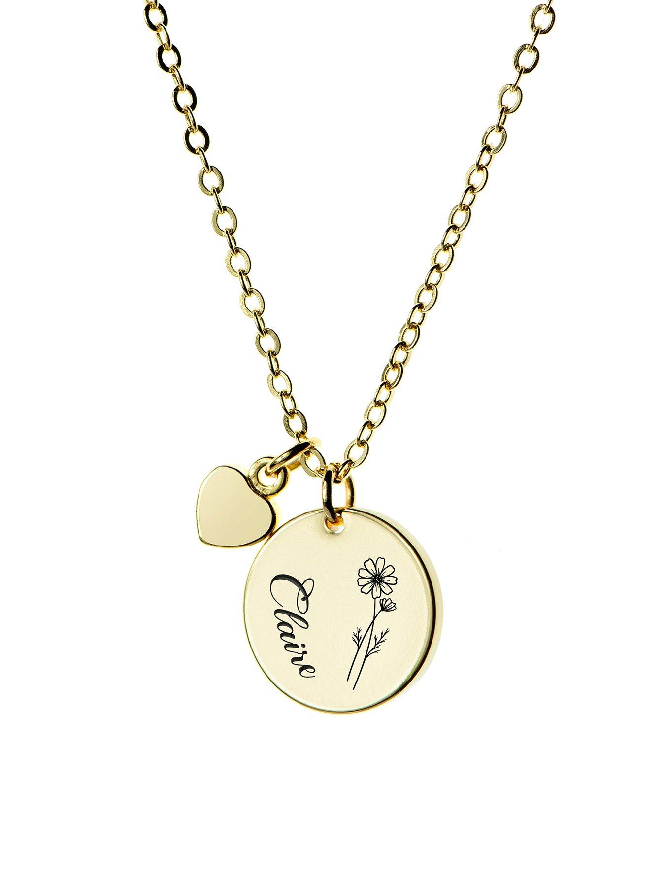 undefined Personalised Birth Flower Heart and Disc Necklace in Gold