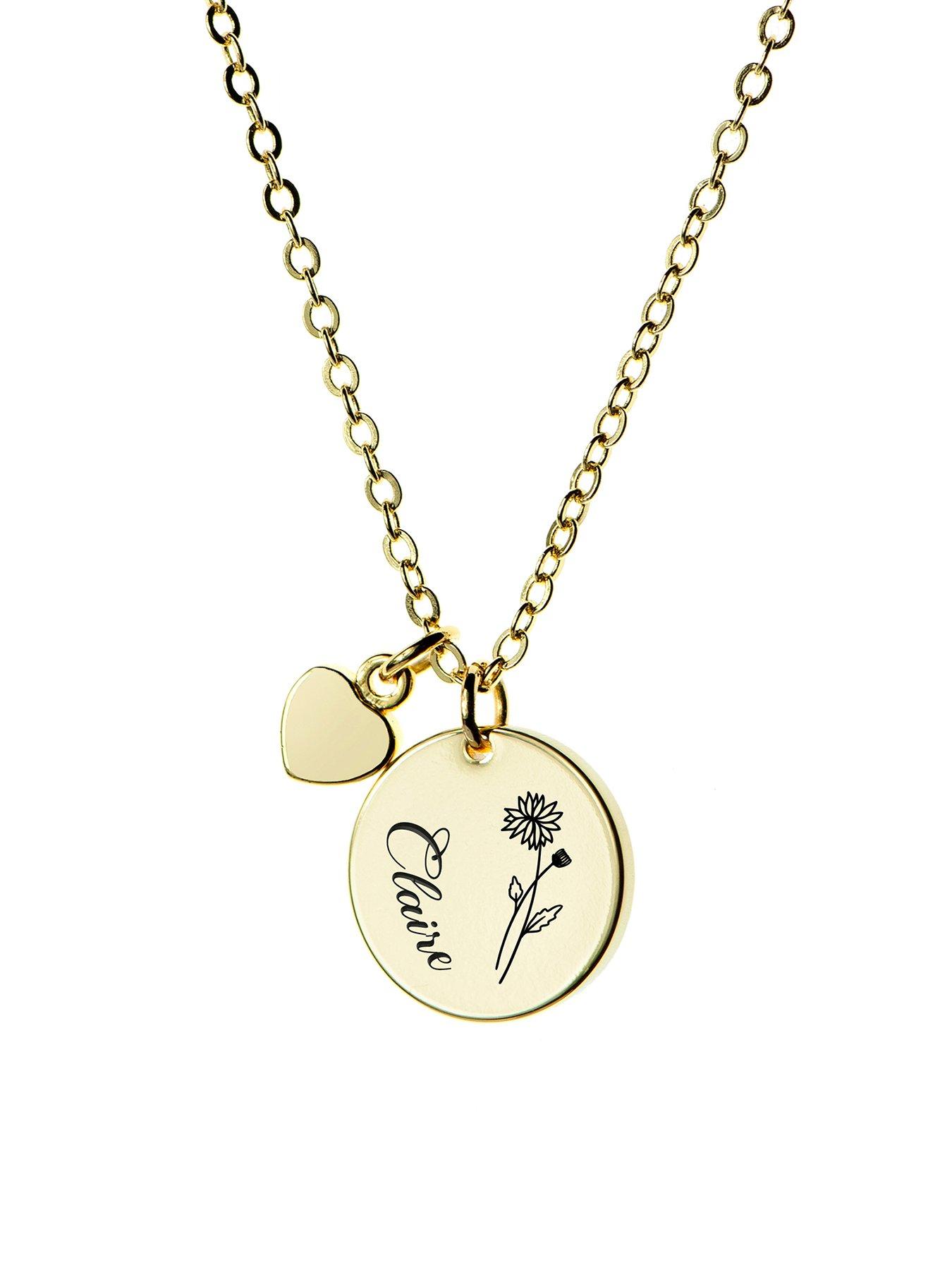 undefined Personalised Birth Flower Heart and Disc Necklace in Gold