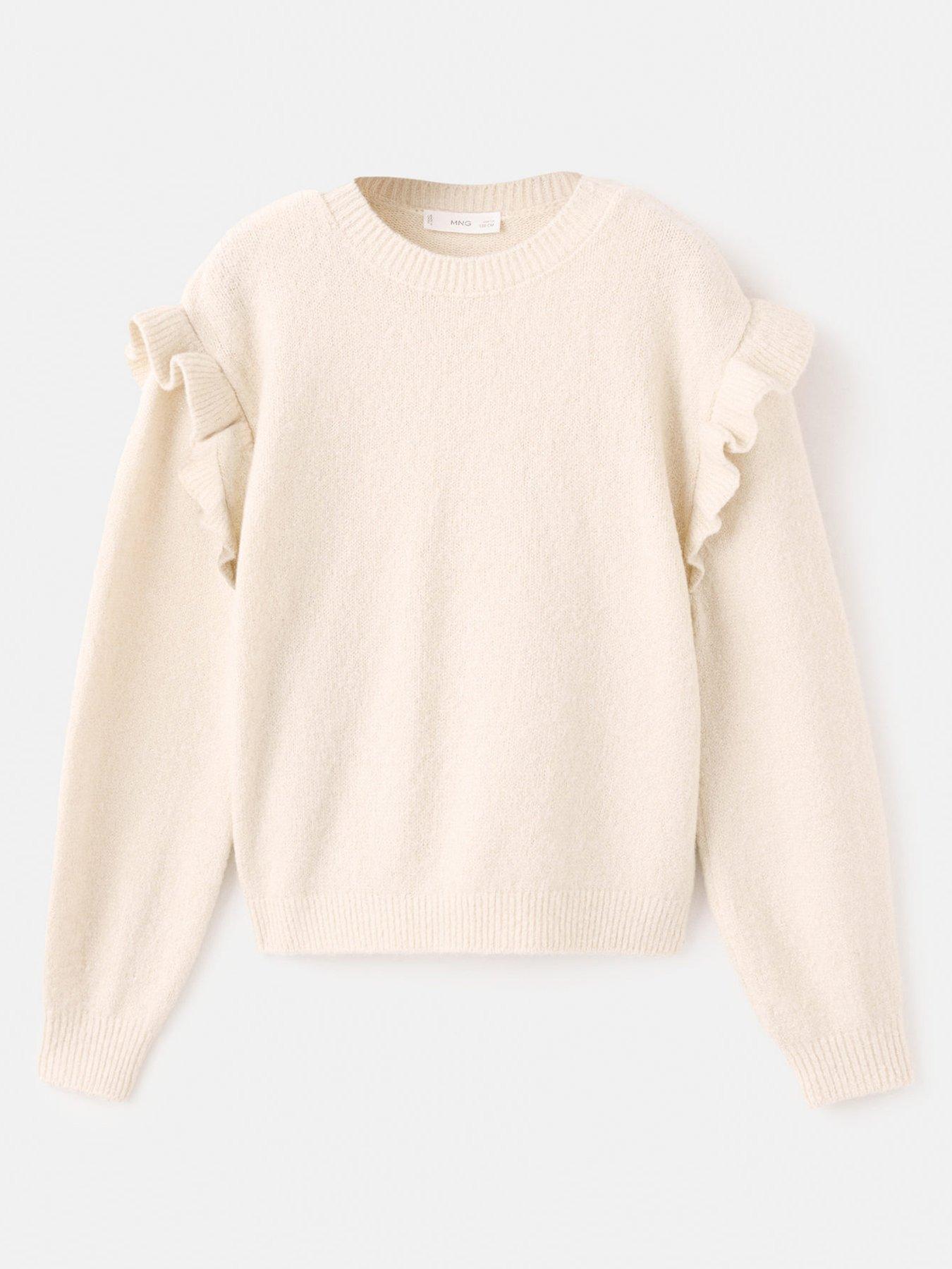front image of mango-girls-frill-sleeve-knitted-jumper-beige