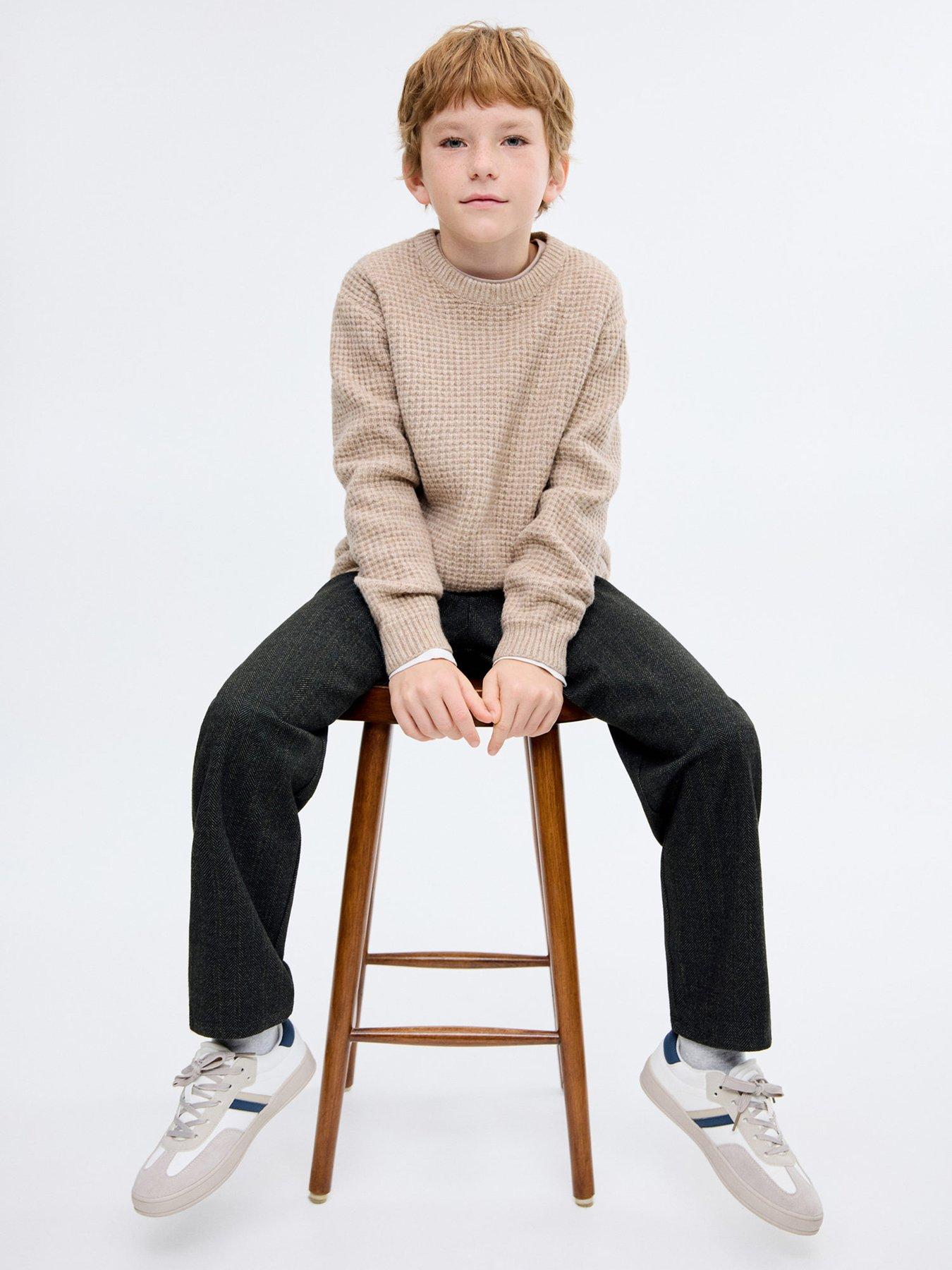  image of mango-boys-herringbone-straight-leg-trousers-dark-grey