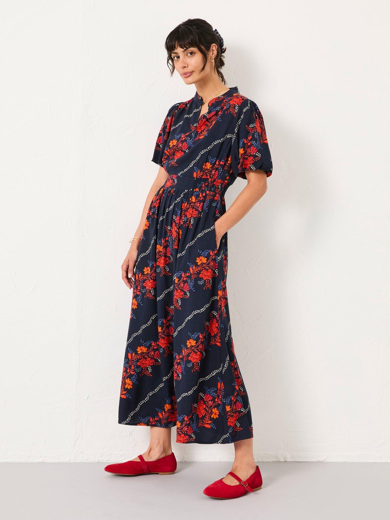 undefined Becky Folk Floral Midi Dress - Navy