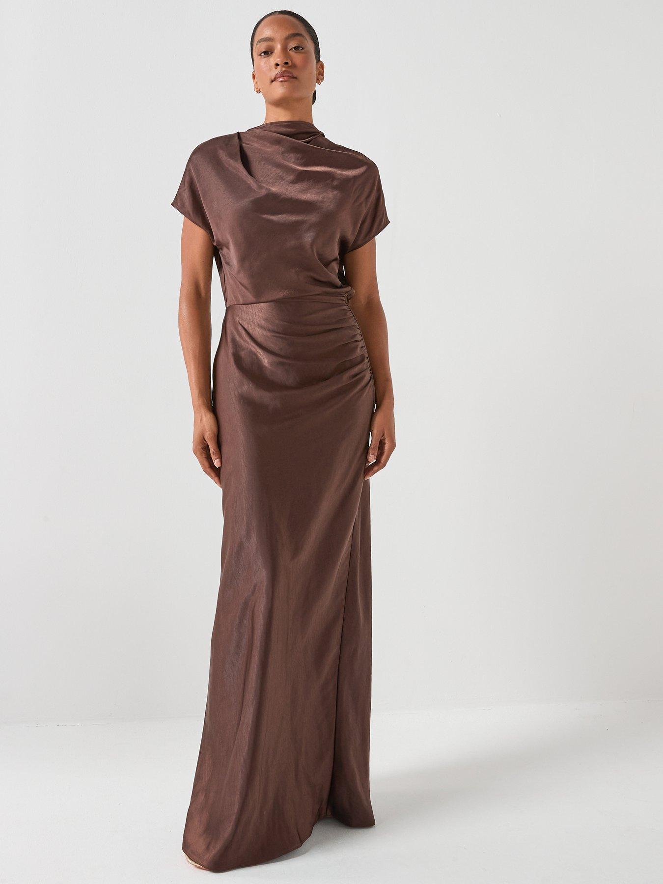 Image 1 of 6 of Six Stories Batwing high neck satin bridesmaid dress - Brown