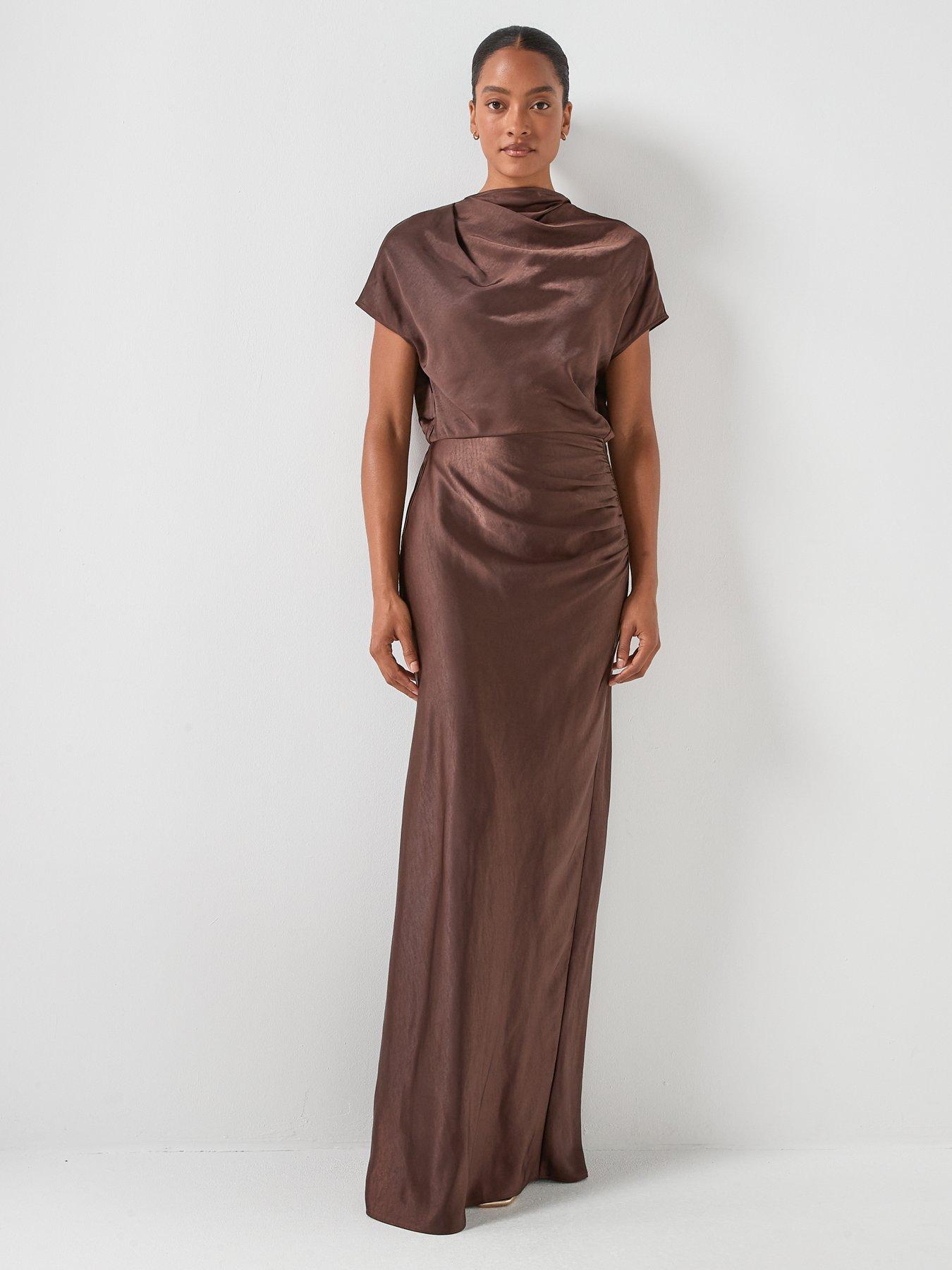 Image 3 of 6 of Six Stories Batwing high neck satin bridesmaid dress - Brown