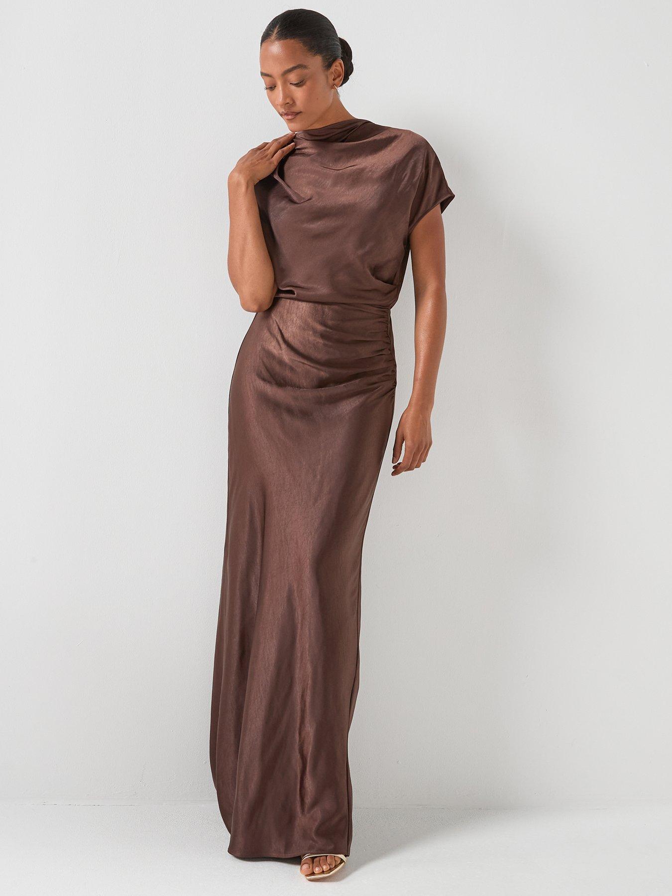 Image 5 of 6 of Six Stories Batwing high neck satin bridesmaid dress - Brown