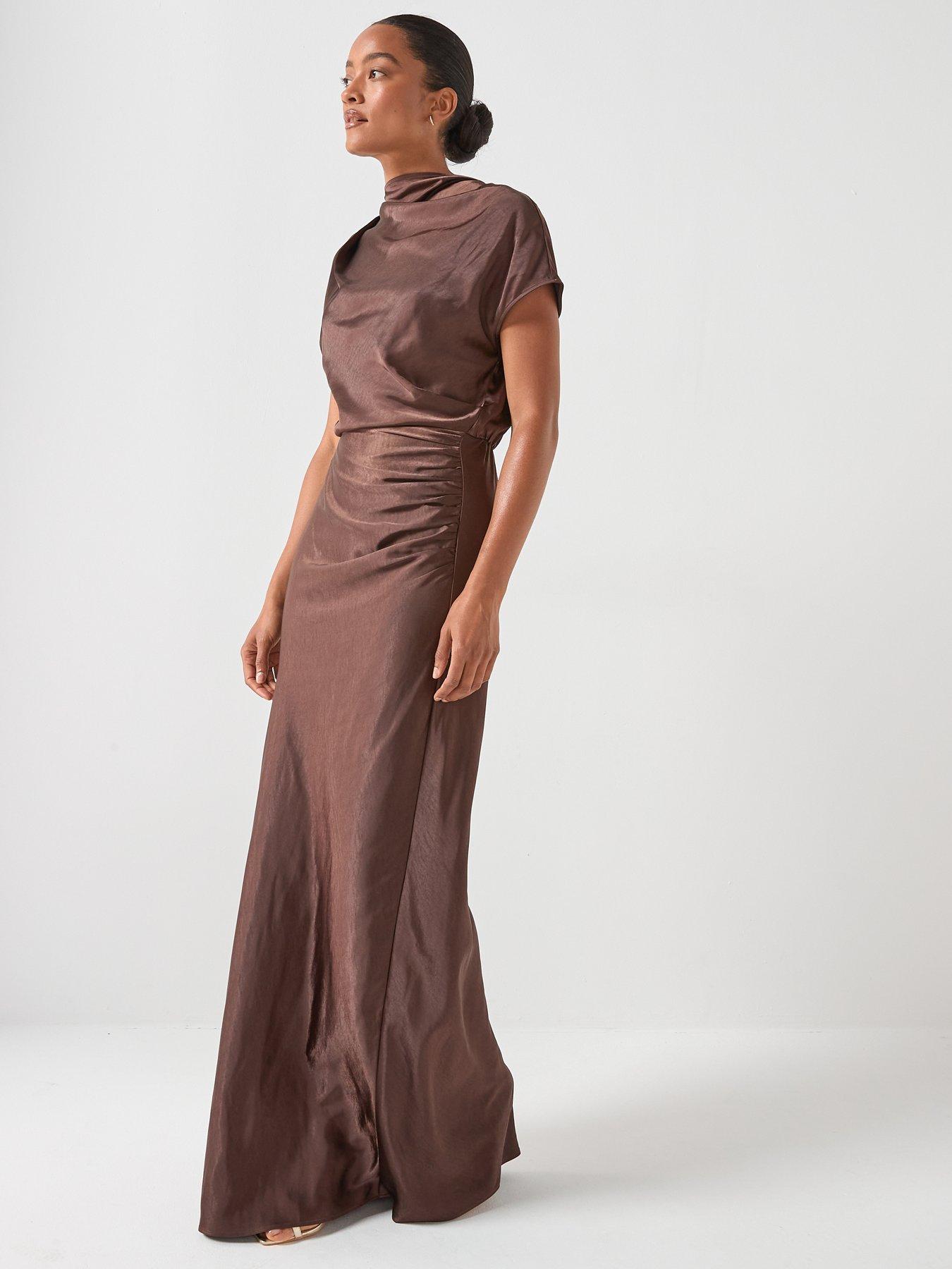 Image 6 of 6 of Six Stories Batwing high neck satin bridesmaid dress - Brown
