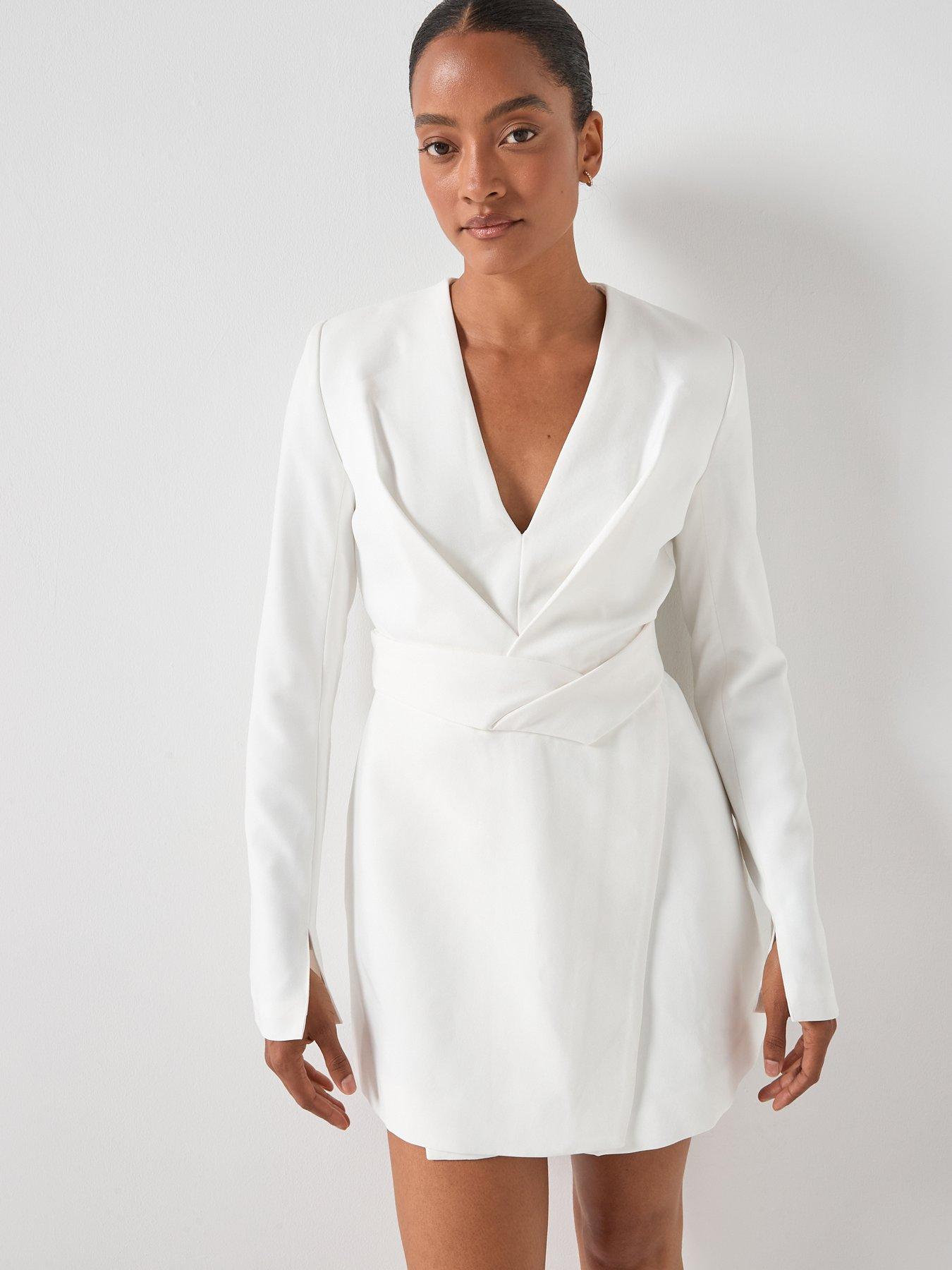  image of six-stories-wrap-front-blazer-dress-white