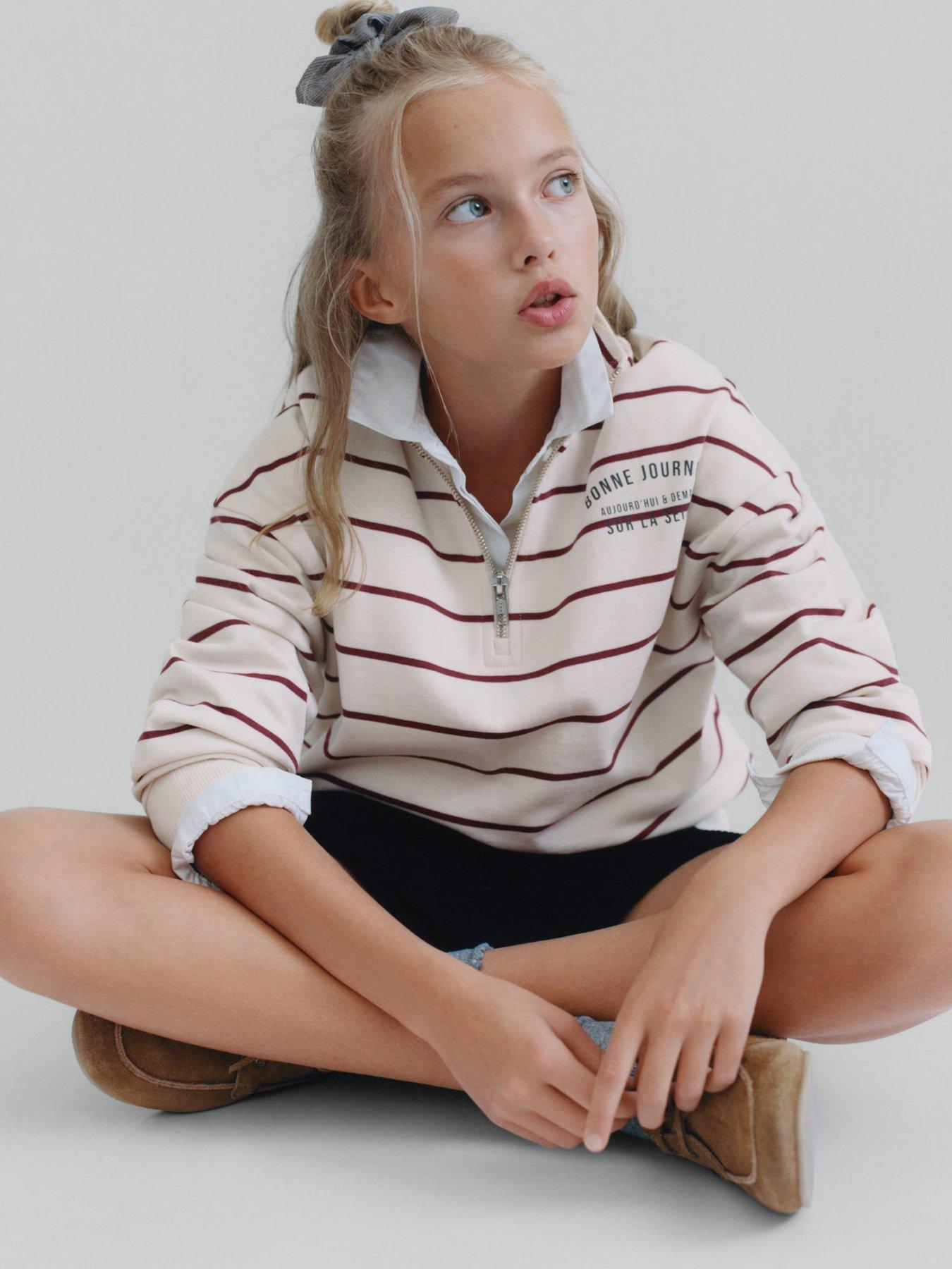 Mango Girls Stripe Half Zip Neck Back Print Sweat - Light Cream