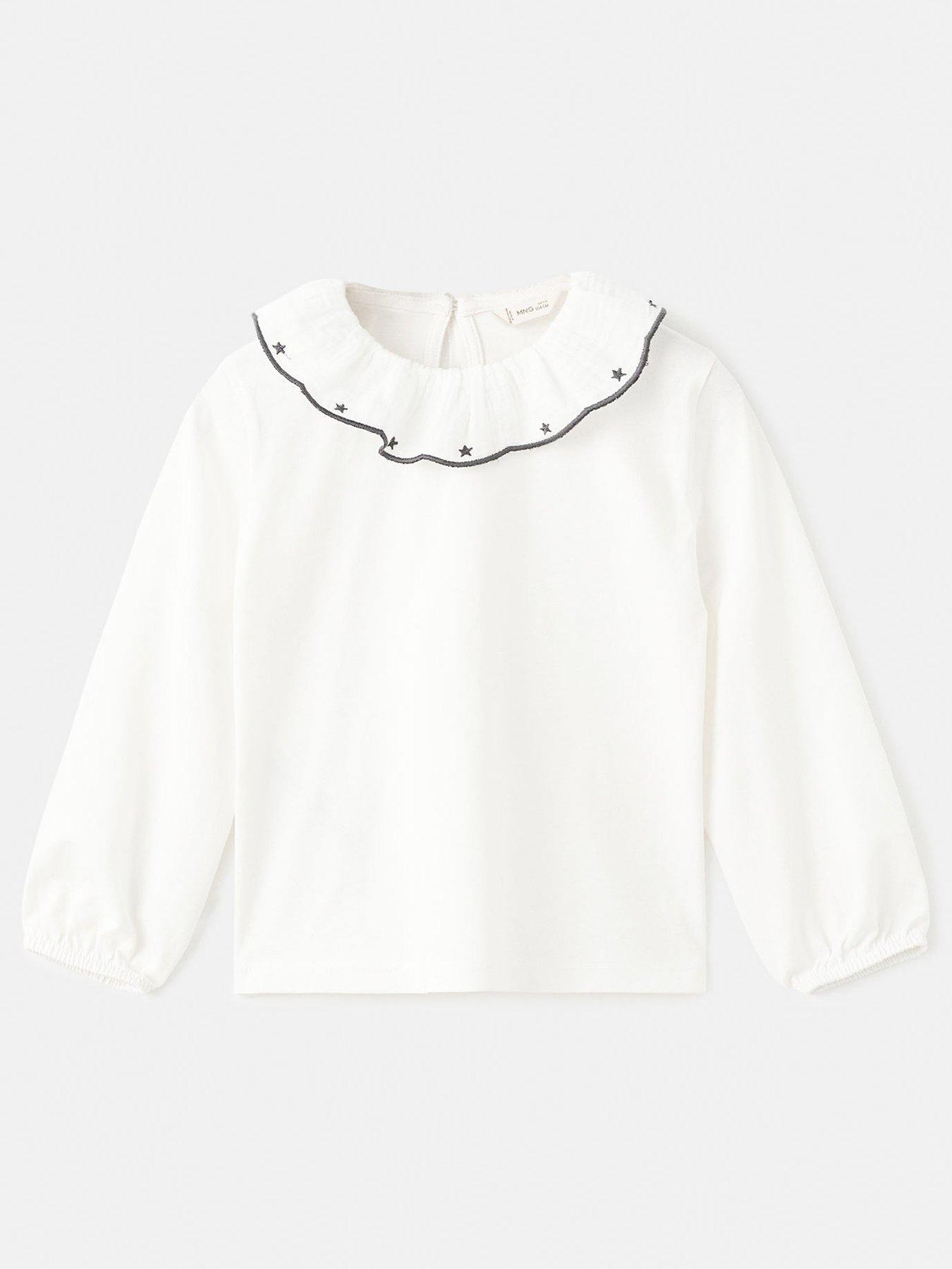 Image 2 of 5 of Mango Younger Girls Collar Detail Long Sleeve T-Shirt - Light Cream